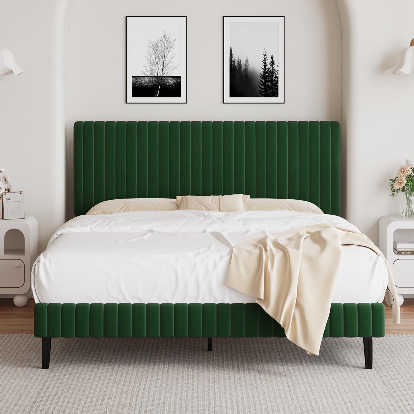 BarnFurin Queen Size Bed Frame, Velvet Upholstered Platform Bed with Vertical Channel Tufted Headboard and Footboard, No Box Spring Required, Easy Assembly, Green