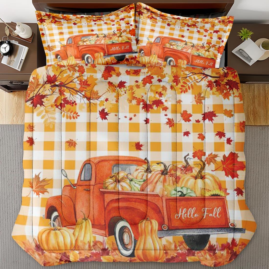 Nesphy Fall Plaid Retro Truck King Comforter Set, Autumn Pumpkin Leaves Thanksgiving Bedding Set 3 Piece, All Season Soft Toddlers Children Adults Bedroom Bed Decoration Comforter and 2 Pillow Shams