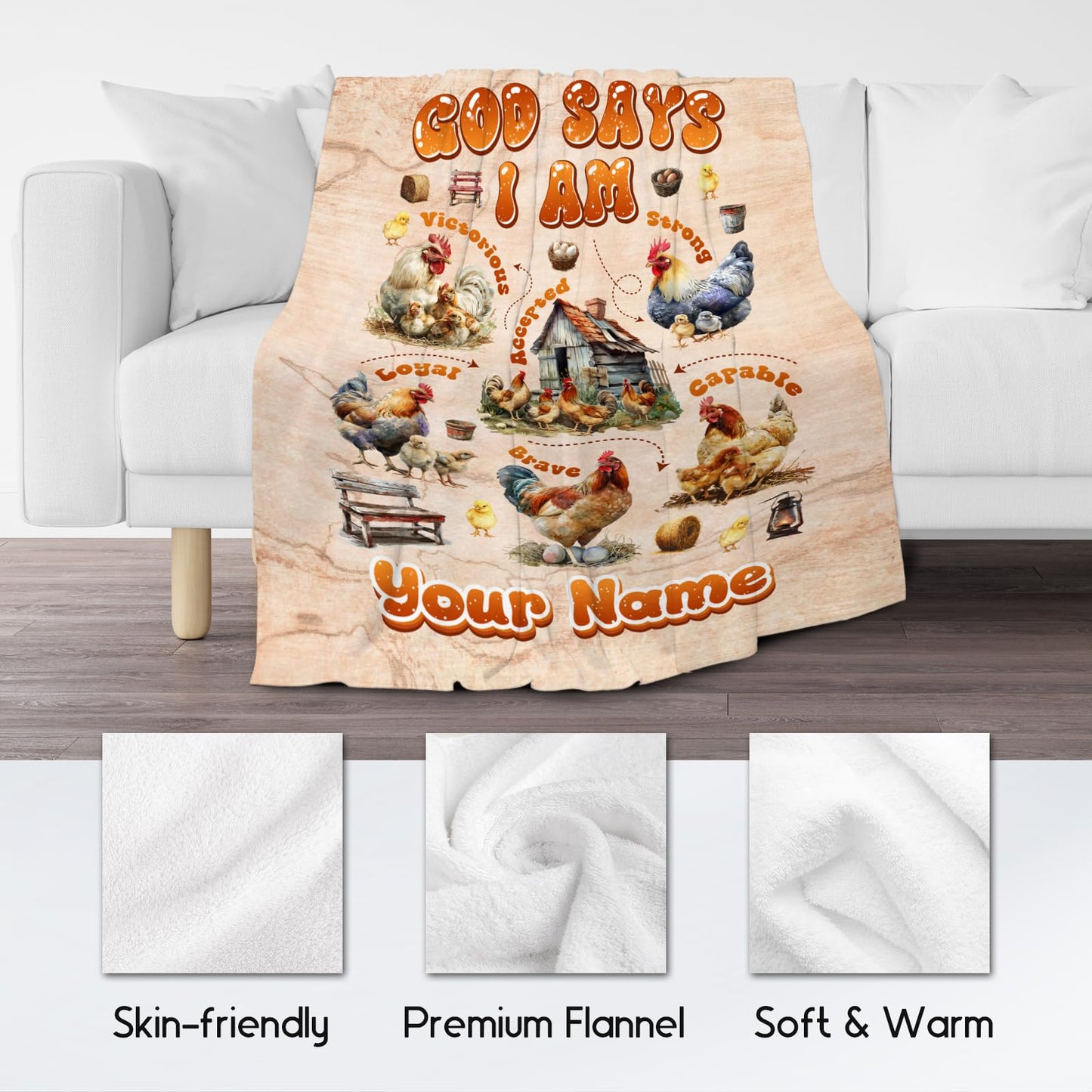 Custom Chicken Blanket with Name, Chicken Gifts for Women & Kids, Inspirational Fleece Throw Blanket, 50"x60"