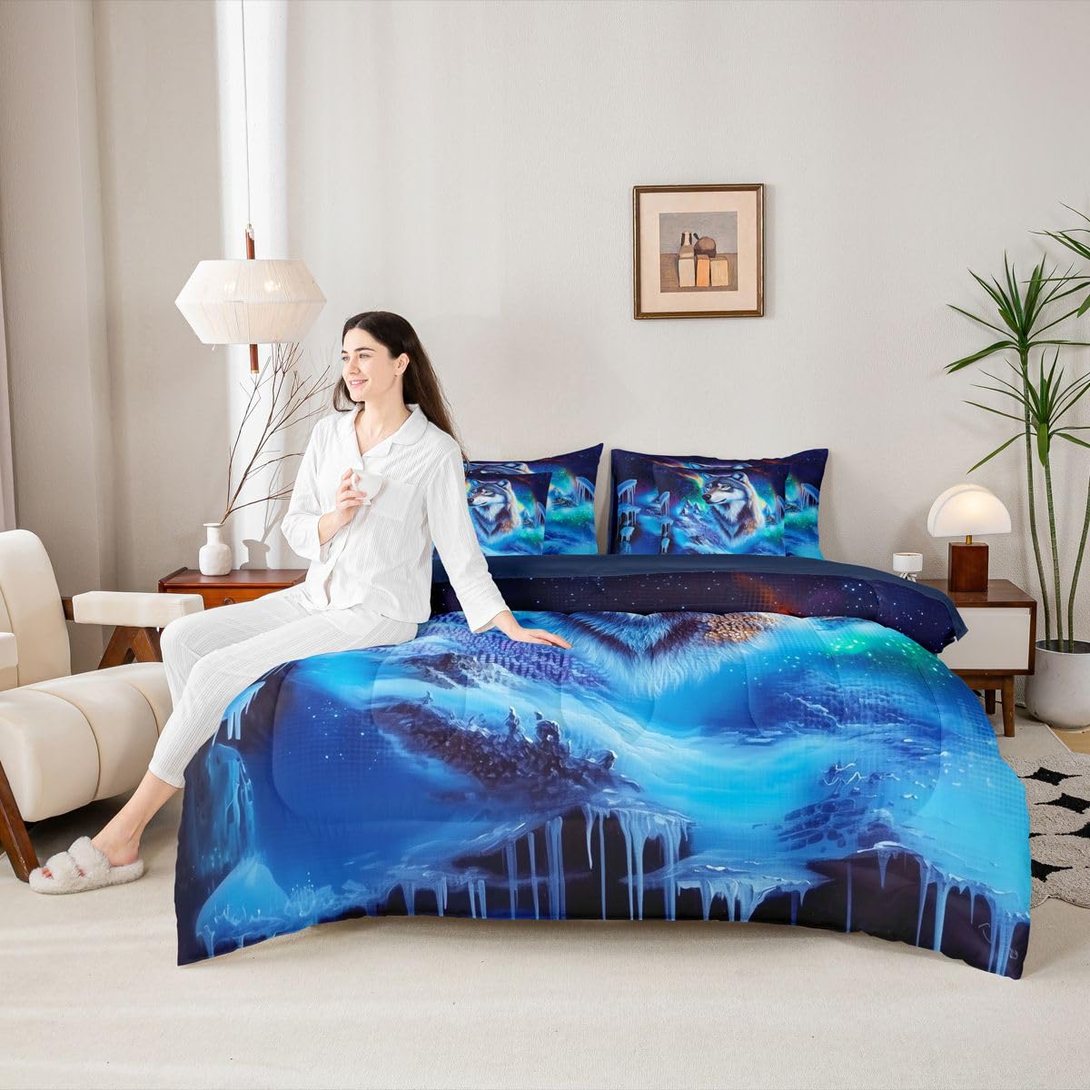 Feelyou Wolf Comforter Set with Sheets 7 Piece Queen Size Wolves Howling Bedding Set for Kids Boys Girls Western Farmhouse Bed in a Bag Wild Animal Room Decor Soft Microfiber