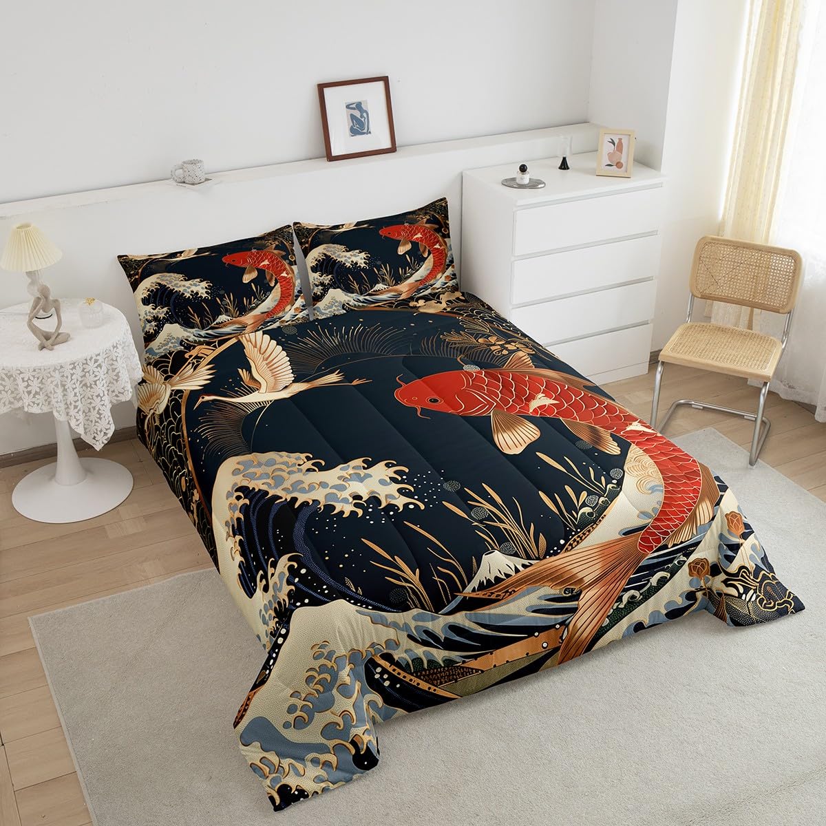 Erosebridal Red Koi Fish Bedding Full Size Oriental Crane Comforter Set Full, Japanese Ukiyo-E Duvet Insert Marine Sea Wave Quilt Comforter, Wild Animal Wildlife Bedding Comforters & Sets
