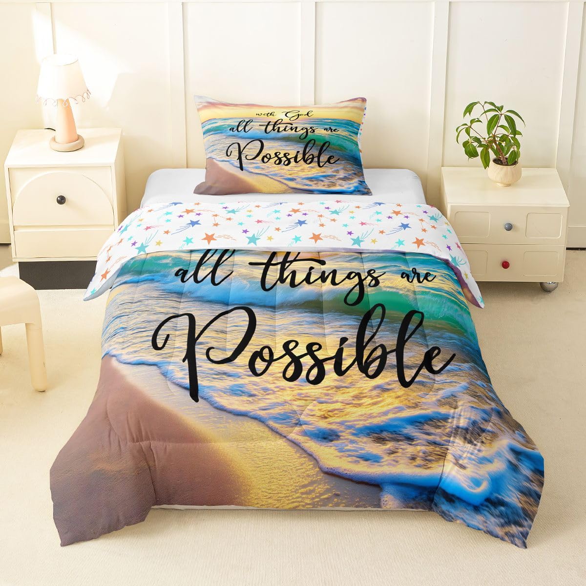 Manfei Beach Verse Twin Size Bedding Set with 1 Pillowcase - Teal Orange Inspirational Quotes Comforter Set for Kids Teen Bedroom,Ocean Sunrise Faith Summer Coastal 2 Pieces Soft Duvet Insert