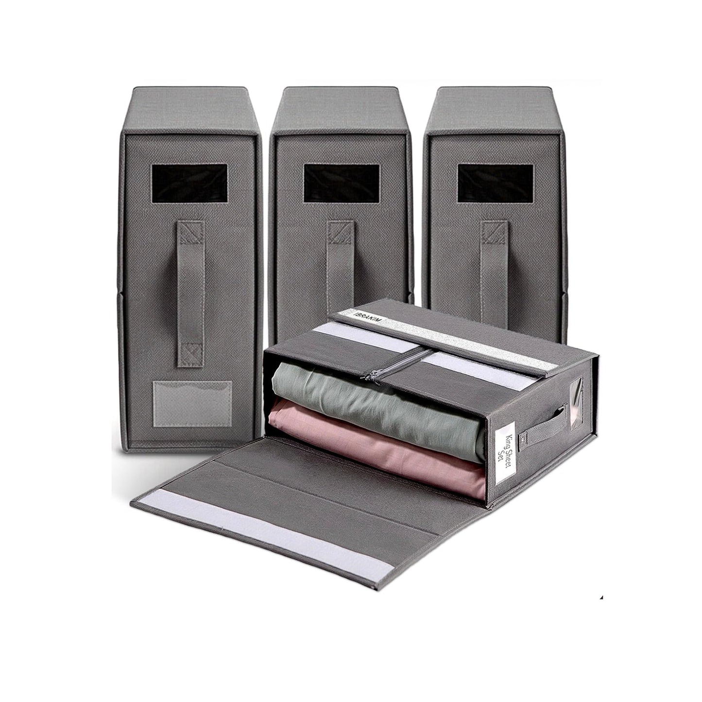 IBRAKIM Bedsheet Organizer Set of 4, Linen Storage Organizer for Closet and Under Bed, Foldable Bedding Organizer for Sheets, Blankets, Comforters, Closet Storage Bins, Grey