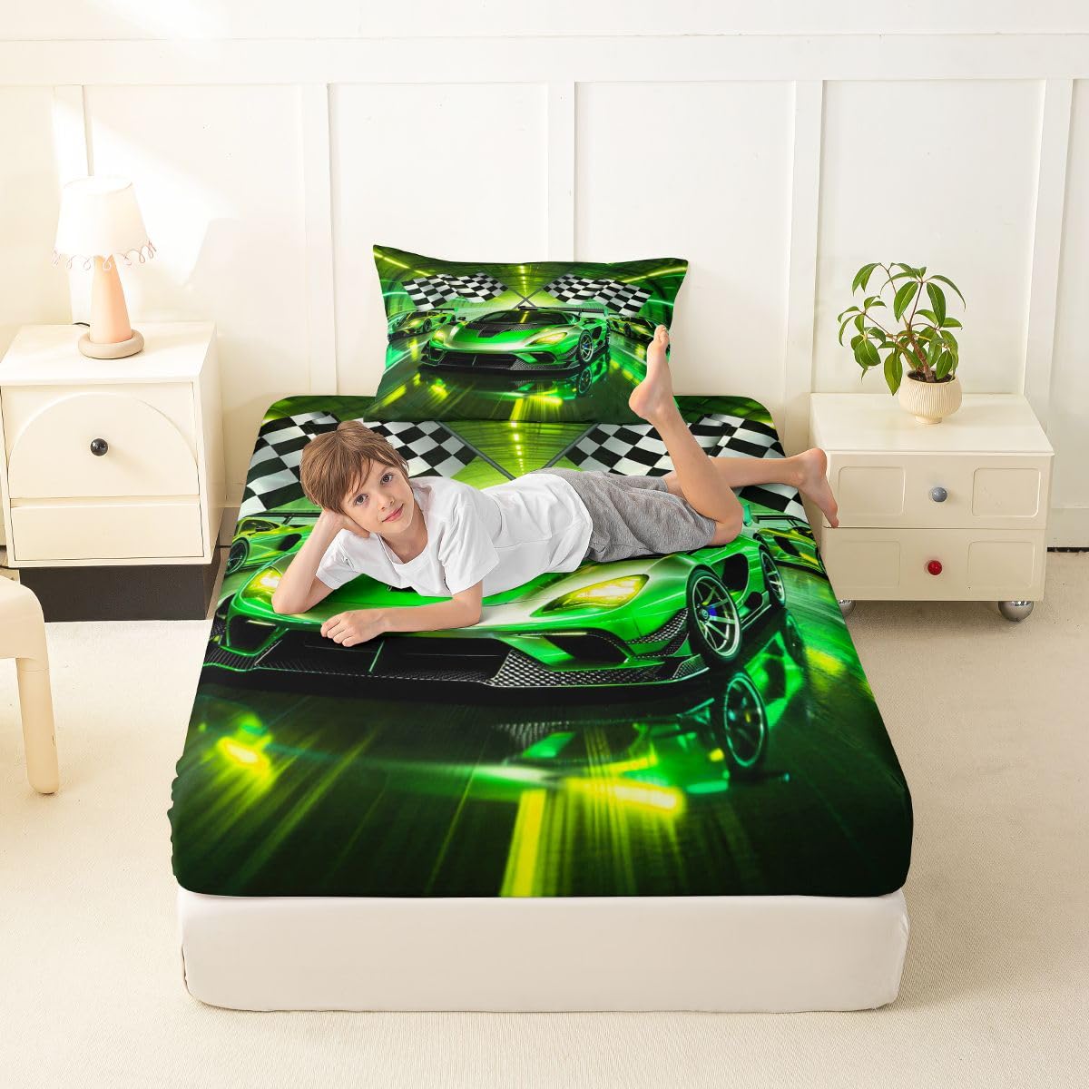 Feelyou Boys Sports Car Fitted Sheet with 1 Pillowcase Twin Size Speed Race Car Bed Sheets Set 16" Deep Pocket Boys Girls Racing Extreme Sports Bedding Teens Bedroom Decor Breathable Soft Lightweight