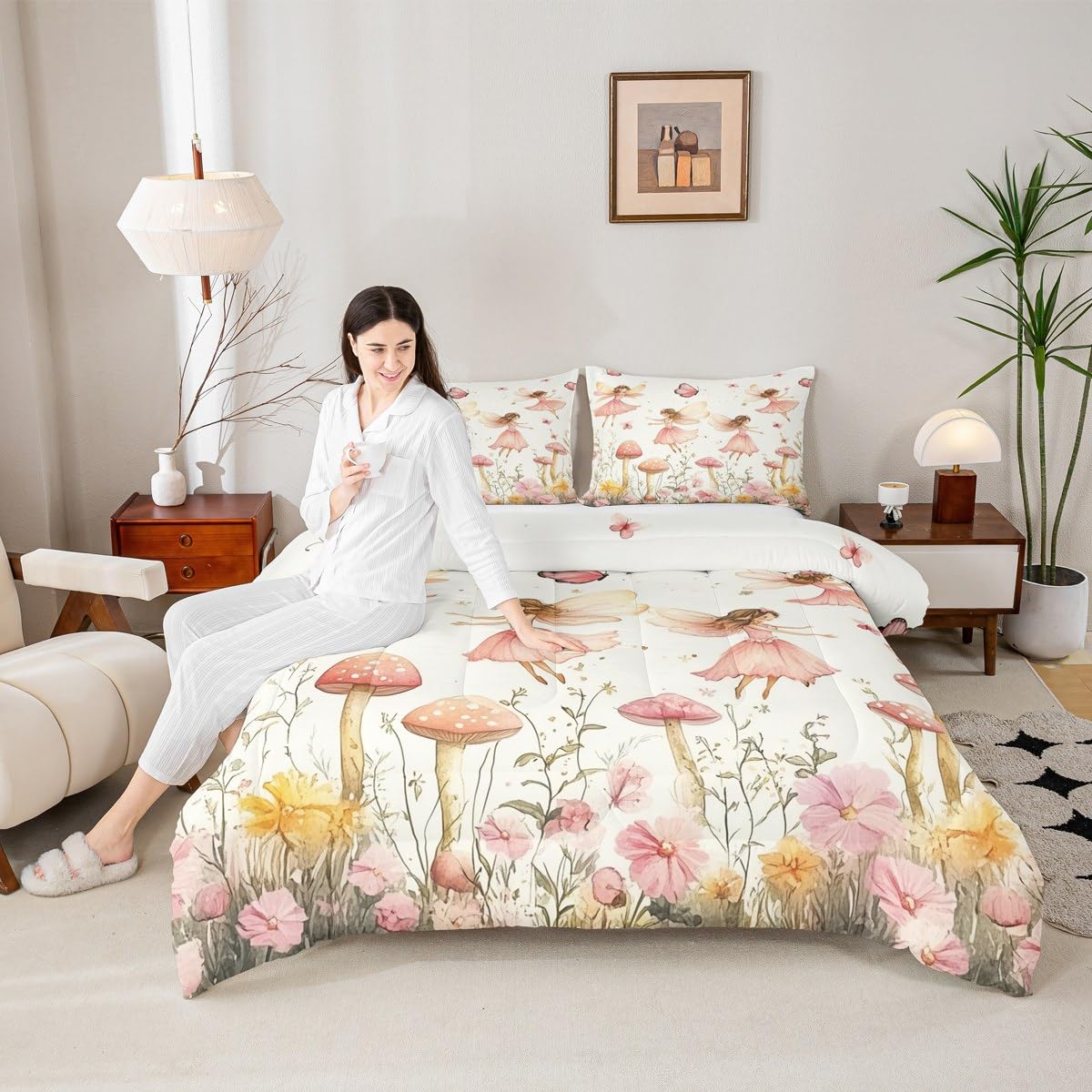 jejeloiu Fairy Kids Comforter Set Twin Size Floral Flower Fairies Bedding Set Enchanted Wonderland Duvet Quilt for Kids Boys Girls Bedroom Butterfly Decor Botanical Plants Ultra Soft Breathable