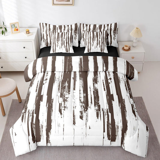 Erosebridal 7Pcs Khaki Abstract Geometric King Comforter Set for Women Men Adults,Boho Watercolor Bed in A Bag,Graffiti Ink Painting Modern Art Stripes Striped Quilt Set with Pillowcases