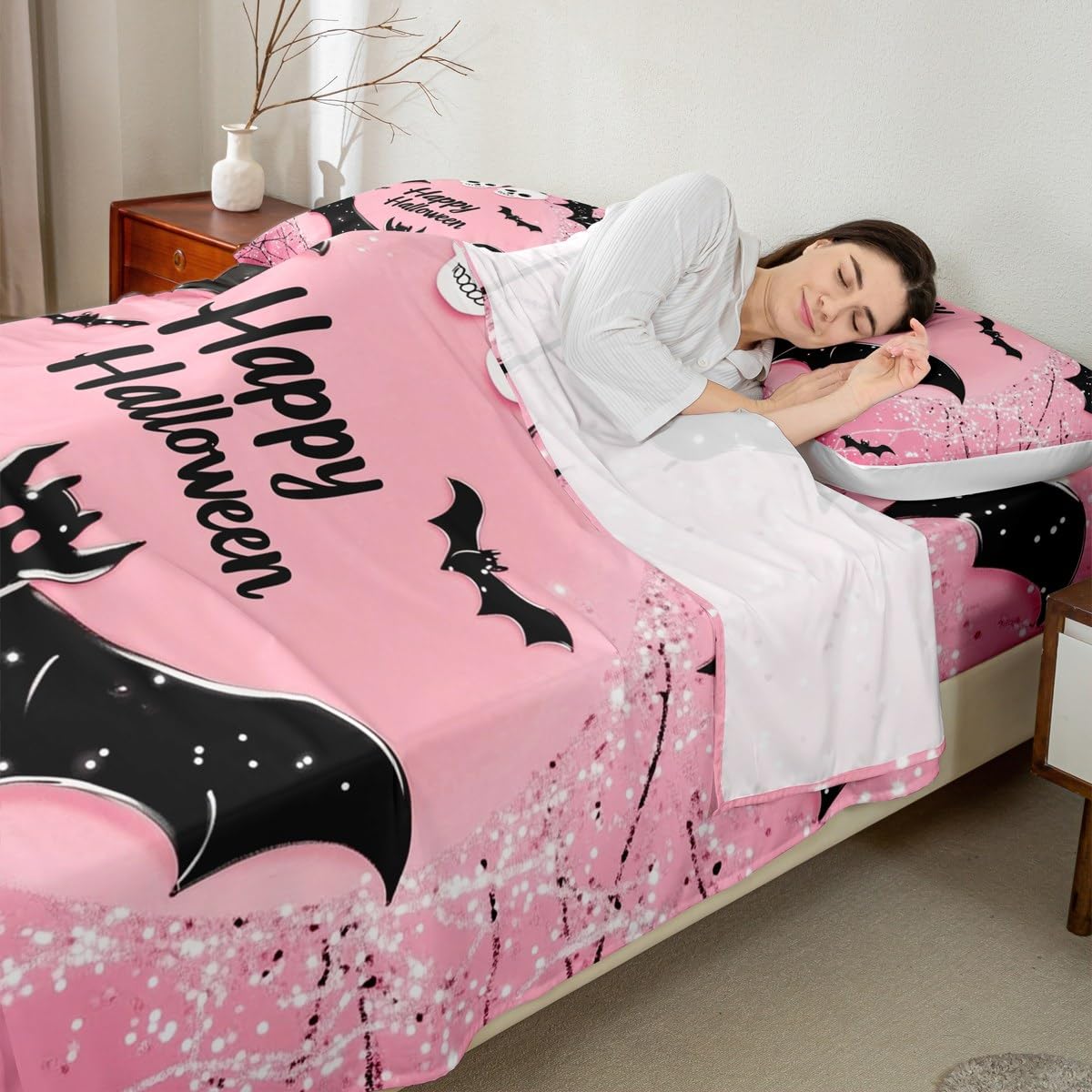 Feelyou Kids Happy Halloween Bed Sheets Set Full Size, Black Bat Bedding Set Boys Girls Pink Sheet Set Spider Web Teens Bedroom Decor Microfiber Soft Bed Set