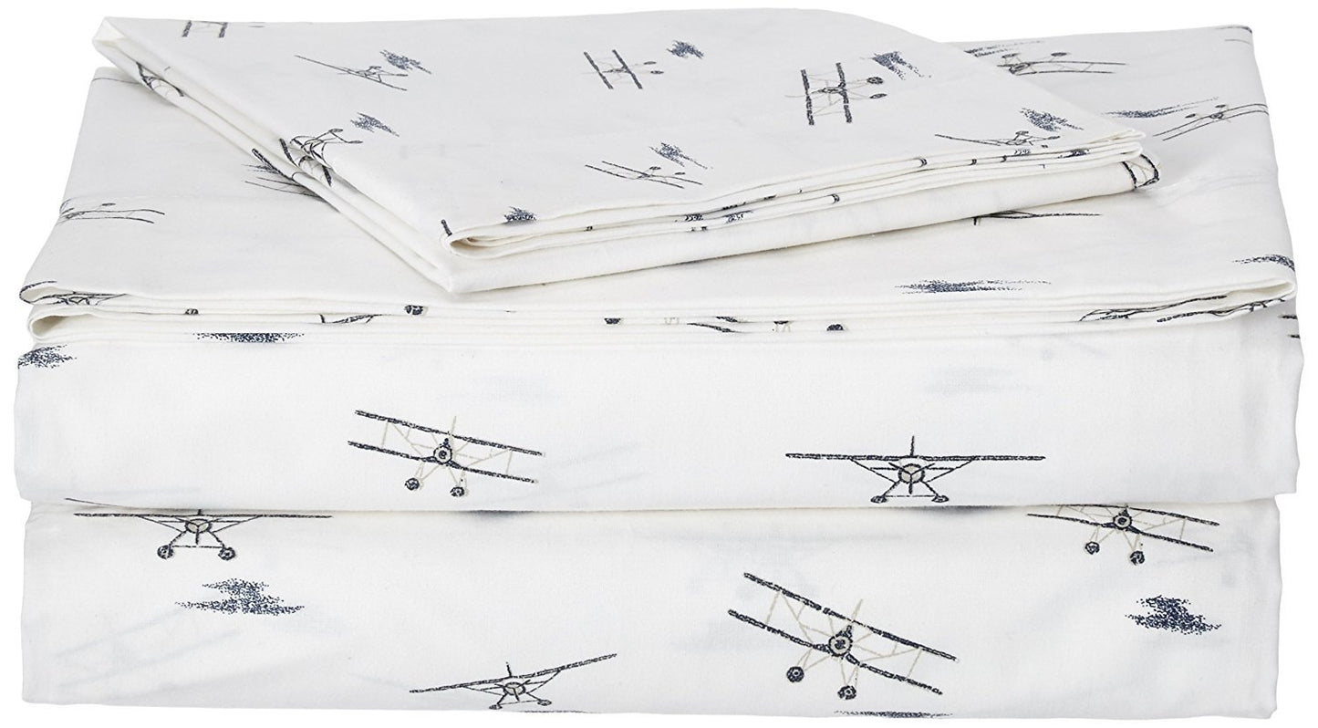 Eddie Bauer - Twin Size Sheet Set, 100% Cotton Percale Bedding, Crisp & Breathable Bed Sheets with Pillowcase, Fully Elastic Fitted Sheet, Deep Pocket Fit (Sea Planes)