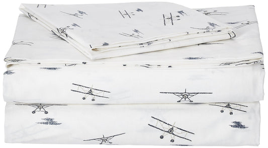 Eddie Bauer - Twin Size Sheet Set, 100% Cotton Percale Bedding, Crisp & Breathable Bed Sheets with Pillowcase, Fully Elastic Fitted Sheet, Deep Pocket Fit (Sea Planes)