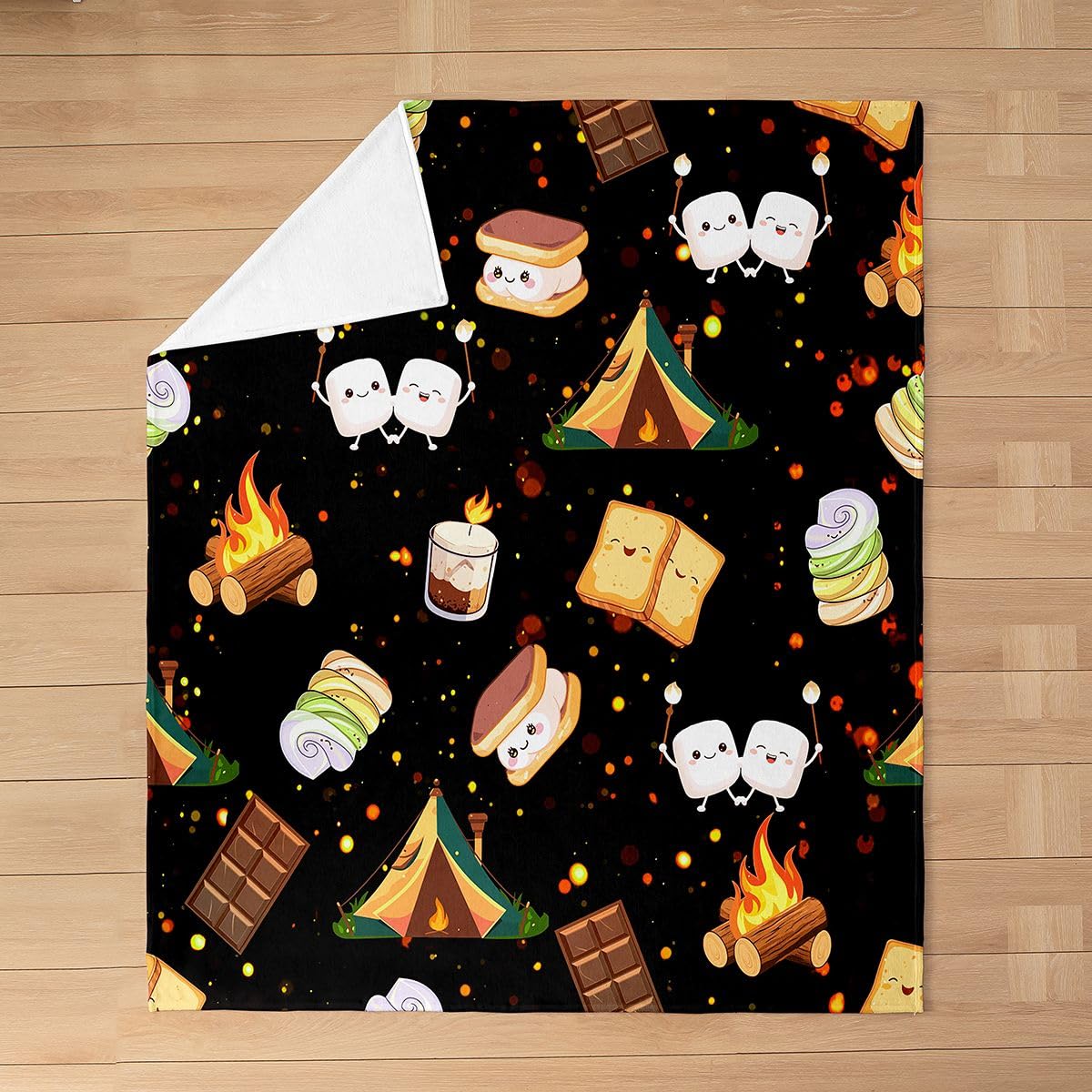 Feelyou Cute Marshmallow Plush Throw Blanket, 40"x50" Kids Cute S'Mores Cookie Flannel Fleece Blanket for Boys Teens Happy Camping All Season,Bed Blanket Outdoor Adventure Room Decor