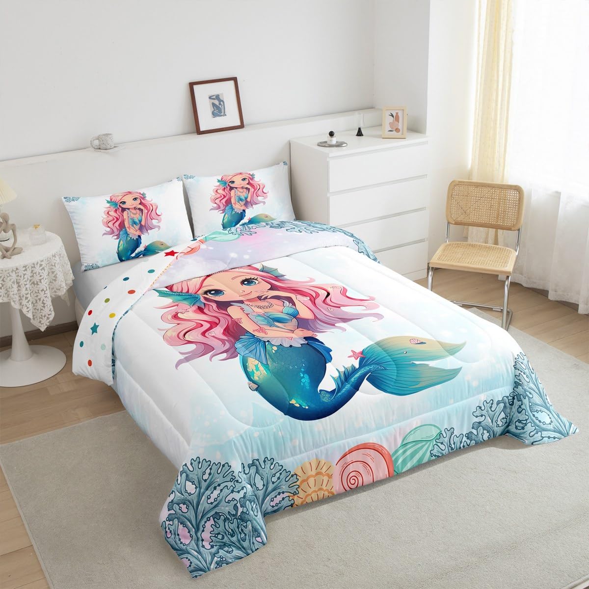 Erosebridal Mermaid Black Girls Bedding Set Afro Girl Twin Comforter Set for Girls,American African Princess Magical Quilt for Toddler Kids Teenager,Ocean Fish Coral Cute Room Decor