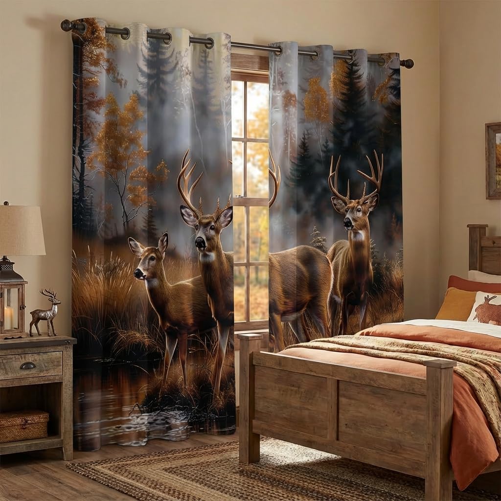 terxgrl Deer Blackout Curtains for Bedroom Living Room, Rustic Cabin Wildlife Whitetail Hunting Grommet Thermal Insulated Window Drapes, 42 x 45 Inch