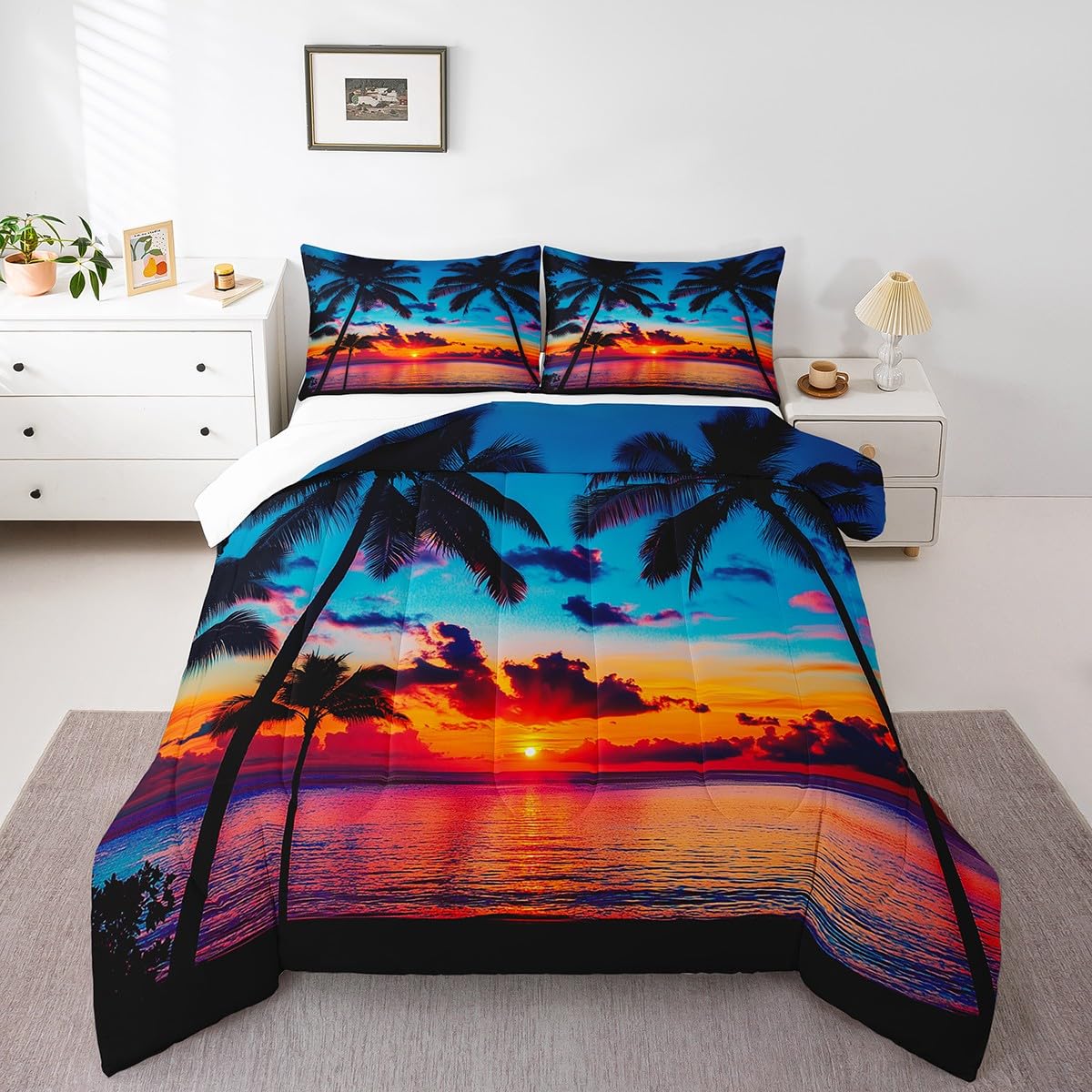 Feelyou Ocean Beach Themed Bedding Set King Size,Tropical Sunset Beach with Palm Trees Comforter Set,Peaceful Sea Marine Palm Tree Comforter Bright Hawaii Style Duvet Set 1 Comforter 2 Pillowcase