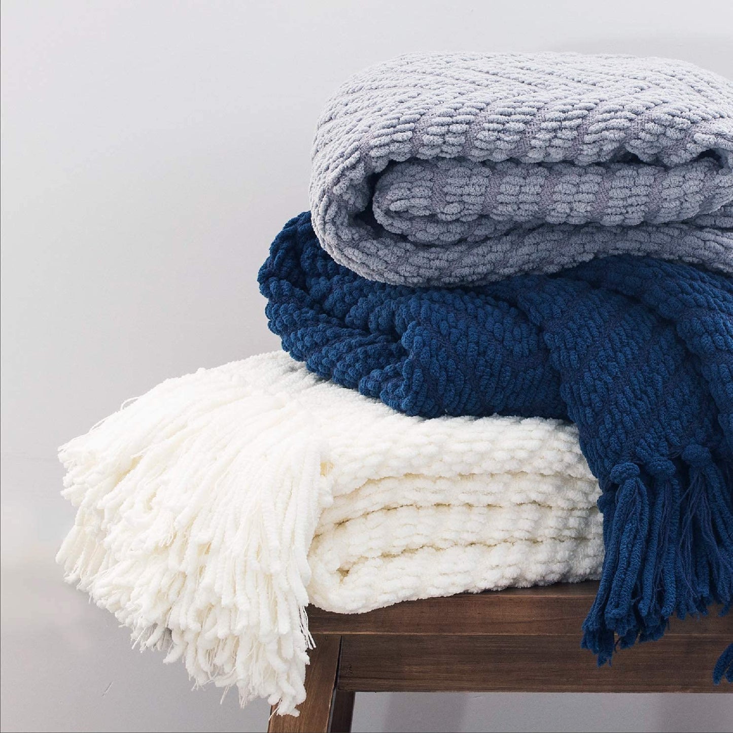 Bedsure Throw Blankets for Couch - Textured Chunky Knit Woven Chenille Blanket - Super Soft, Warm Decorative Boho Throw with Tassels for Bed, Sofa and Living Room Decor, Grey, 50x60 Inches