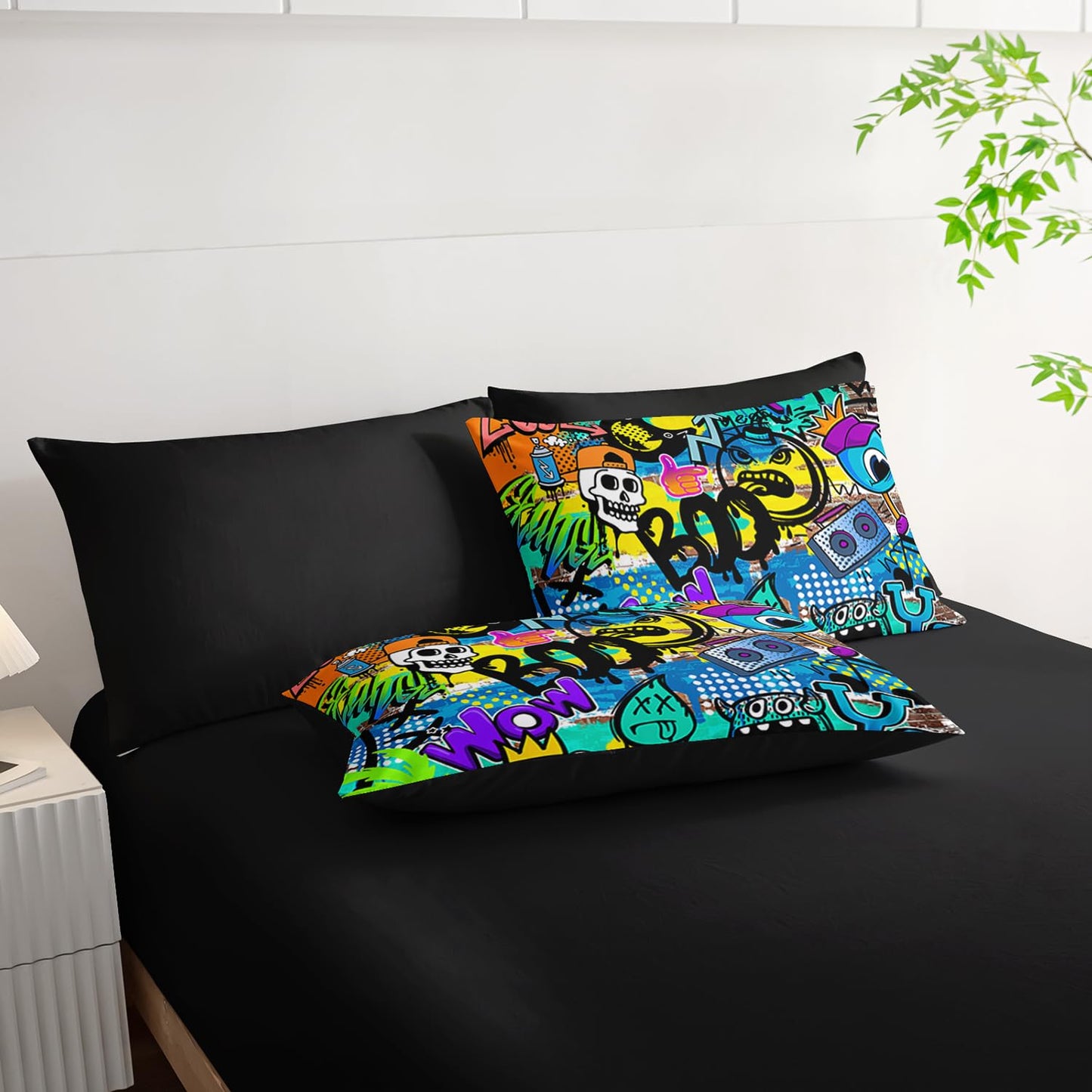 AILONEN Boys Kids Comforter Set Full,7-Piece Cartoon Hip Hop Skull Bed in a Bag Printed Bedding Set,Colorful Graffiti Soft Comforter & Fitted Sheet & Flat Sheet & 2 Pillowcases,2 Pillow Shams,Black
