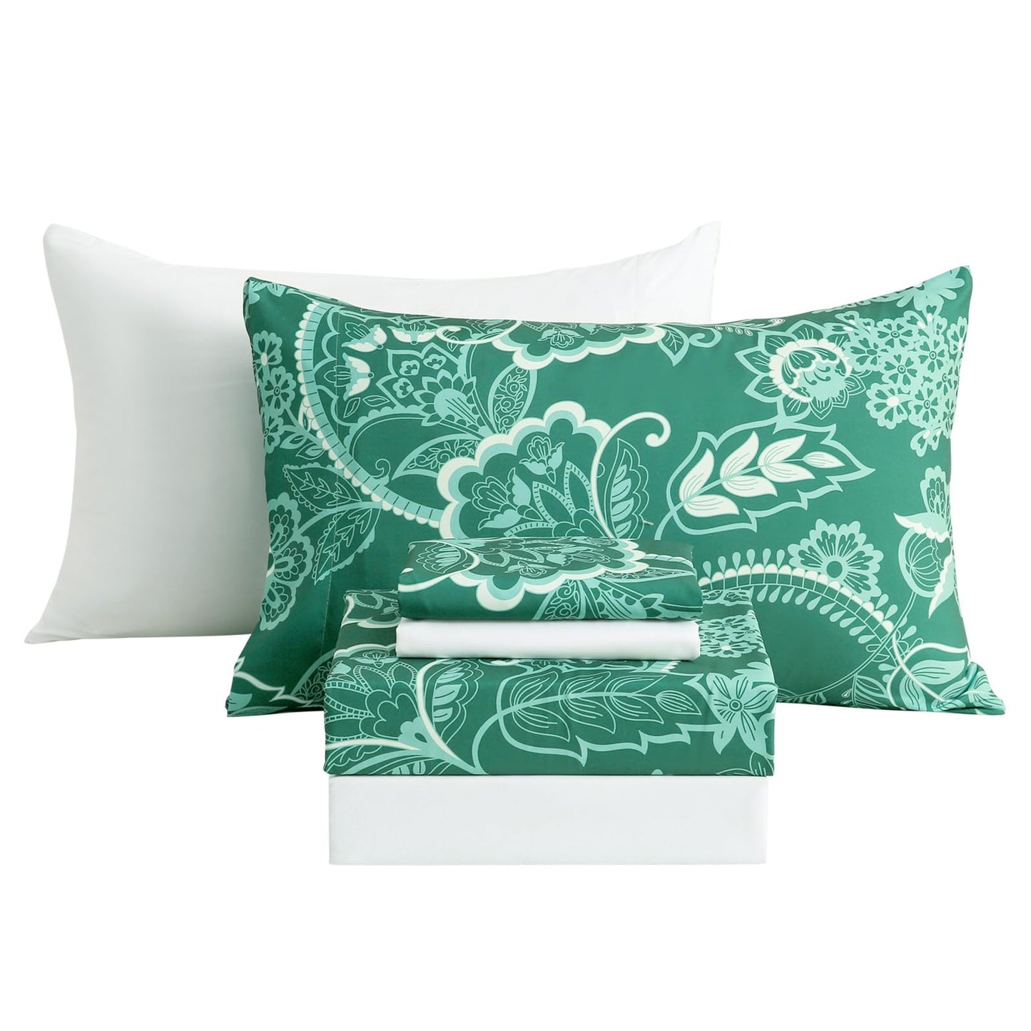 Botanical 6-Piece Full Size Sheets Set, Boho Floral Print Brushed Microfiber Sheets, Cooling Bed Sheet Set, Ultra Soft & Breathable, 16' Deep Pocket Fitted Sheet & Pillowcase Set, Green Paisley