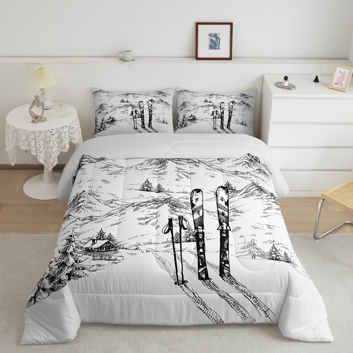 Erosebridal Ski Comforter Set Full, Winter Sports Games Duvet Sets for Kids Teens Adult Bedroom, Winter Skiing Bedding Set Mountain Sketch Illustration Quilted Duvet 3 Piece with 2 Pillow Cases