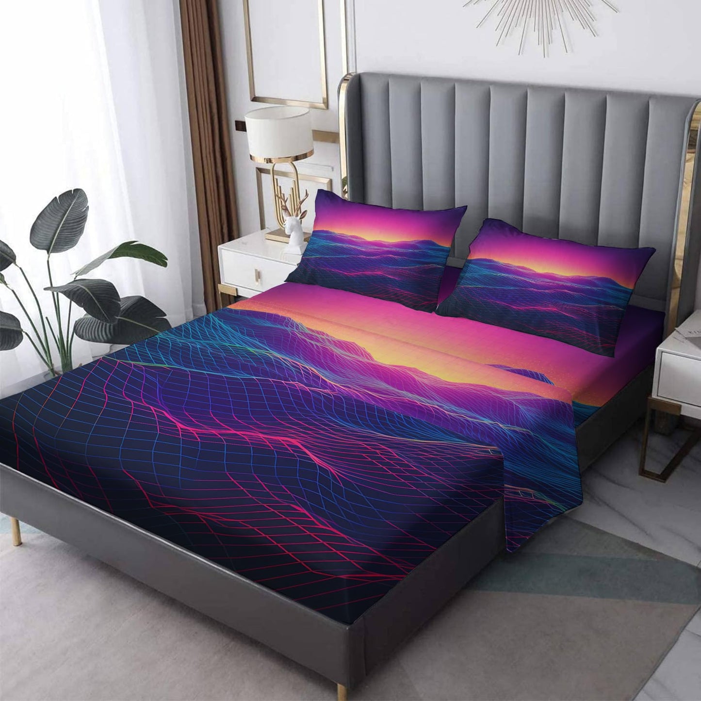 THYUNQ Neon Wave Sheets Queen Size Bed, Vaporwave Pattern Sheet Set & Bedroom Decor - 16 Inch Deep Pocket, Super Soft Microfiber Bedding Sheets & Pillowcases 4 Piece