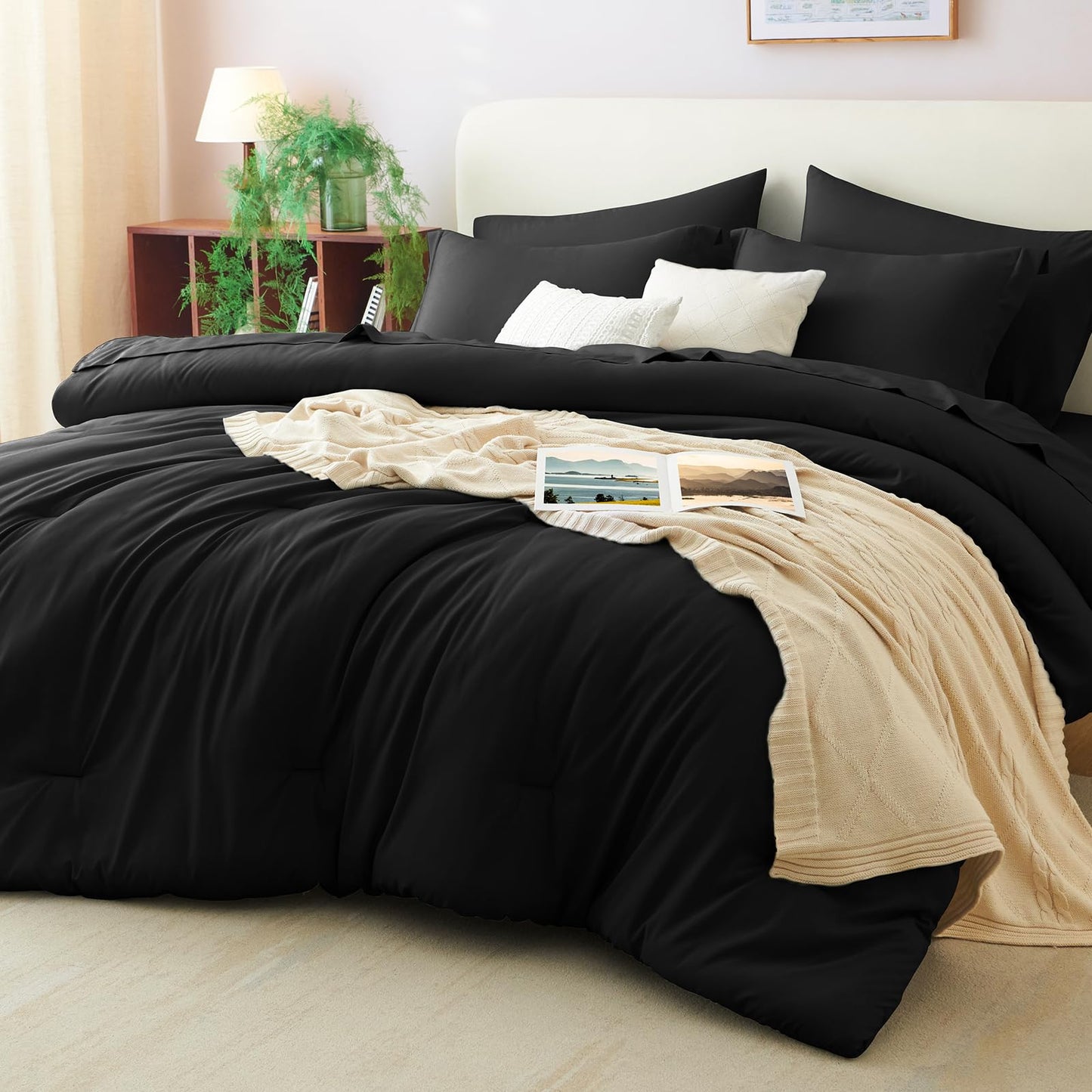 CozyLux Queen Comforter Set Black, 7 Pieces Bed in a Bag Queen Comforter Set with Sheets, Soft Bedding Sets with Down Alternative Comforter, Sheets, Pillowcases & Shams, Bed Set Gift for All Seasons