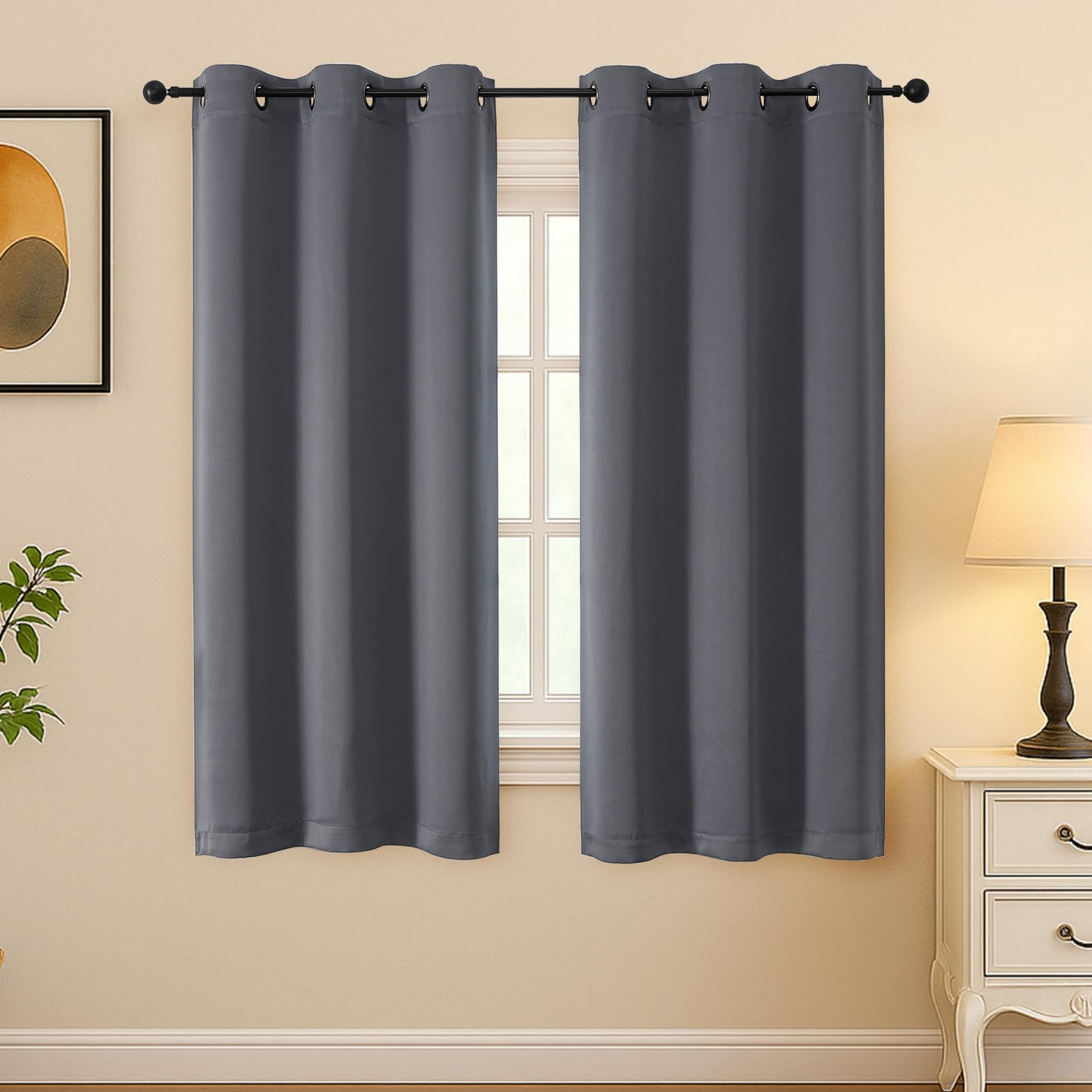 Simplebrand Grommet Blackout Curtains for Bedroom 63 Inch Length 2 Panels Set, Thermal Insulated Energy Saving Curtains for Kids Room, Solid Nursery Window Treatment Drapes, Dark Grey, W40 x L63