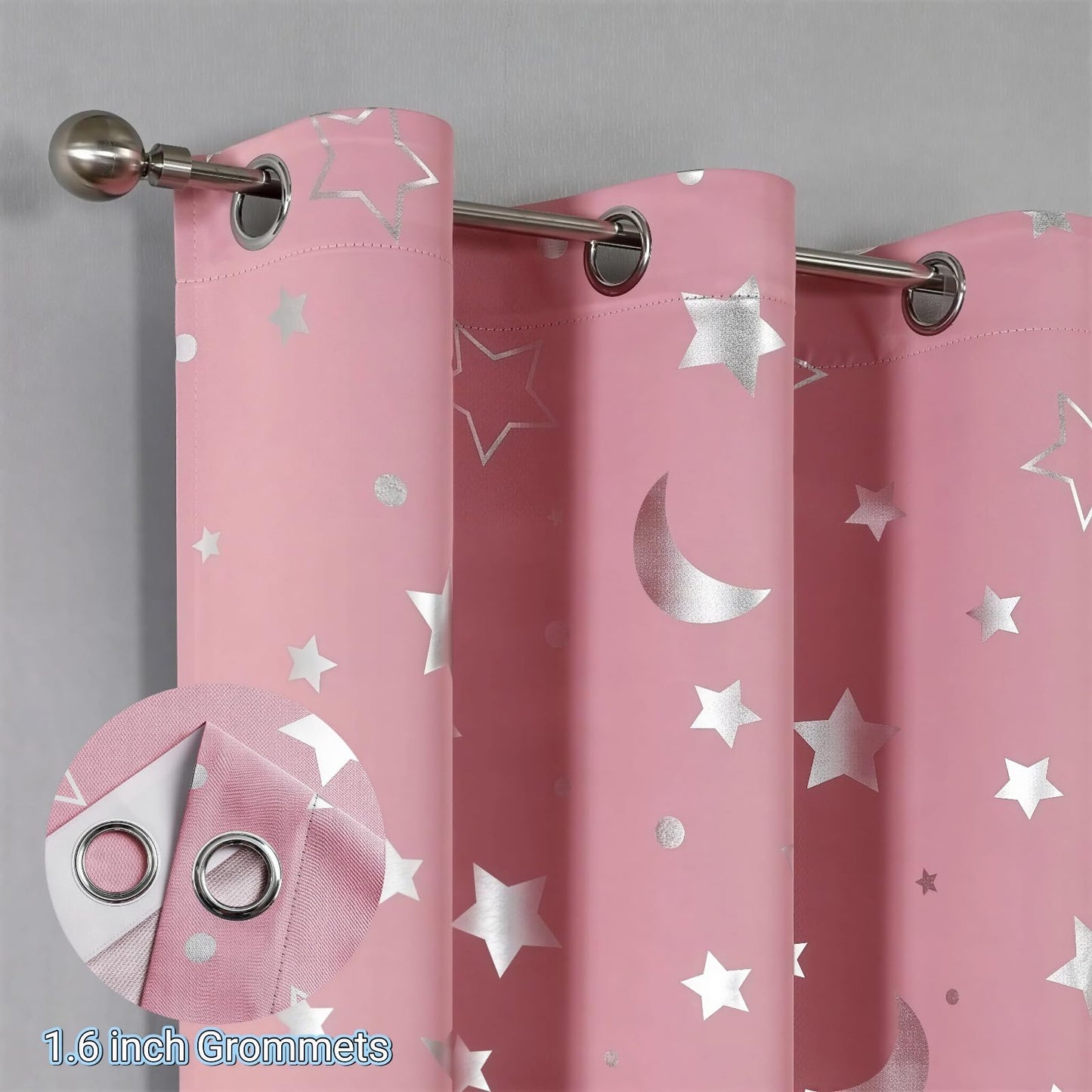 SENEETO Star Moon Kids Blackout Curtains, Pink, 52 x 72 Inch