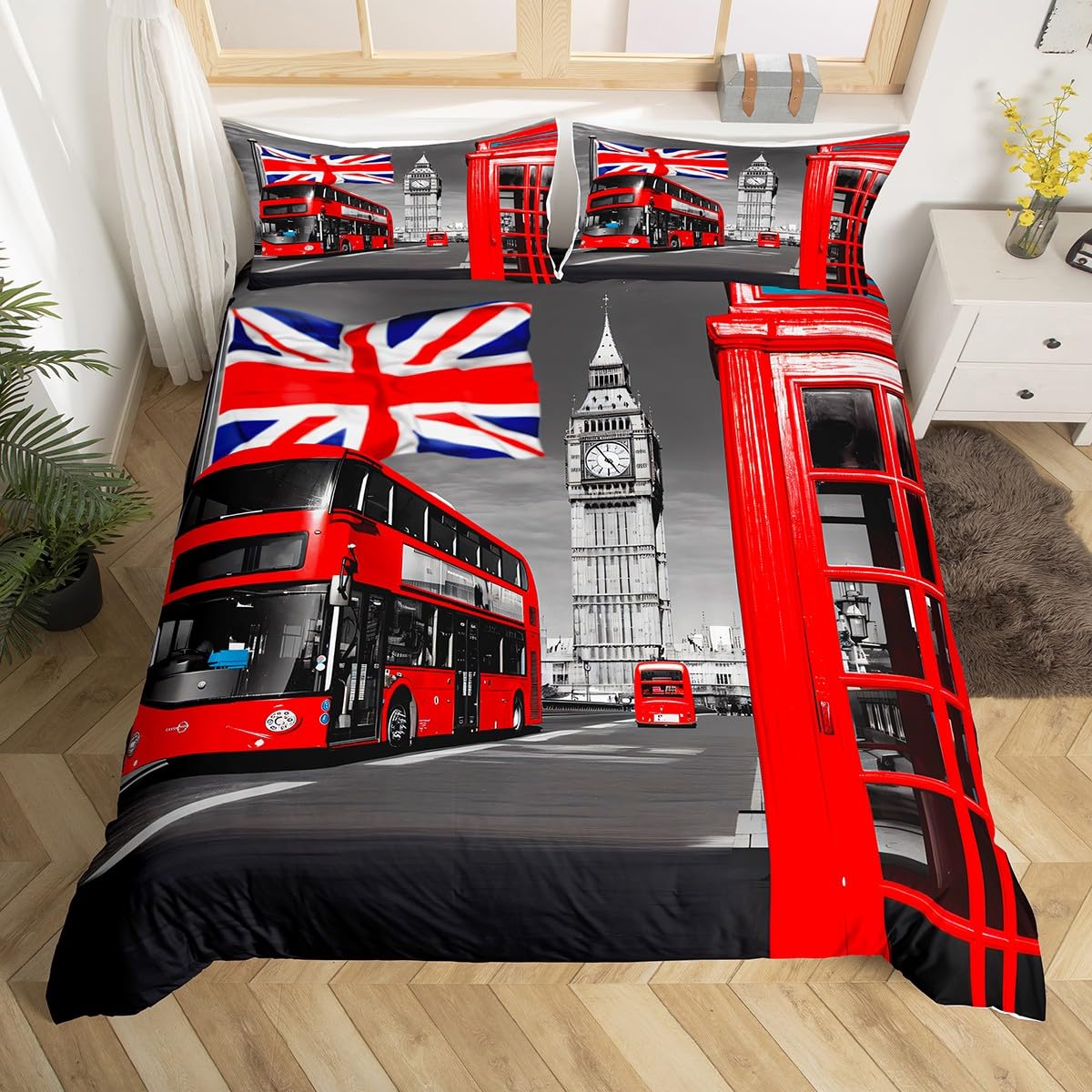 Feelyou London Bedding Set Red Phone Booth Printed Duvet Cover for Kids Adults Romantic Britain Cityscape Comforter Cover Luxury Soft Bedspread Cover Bedroom Collection 3Pcs Queen Size
