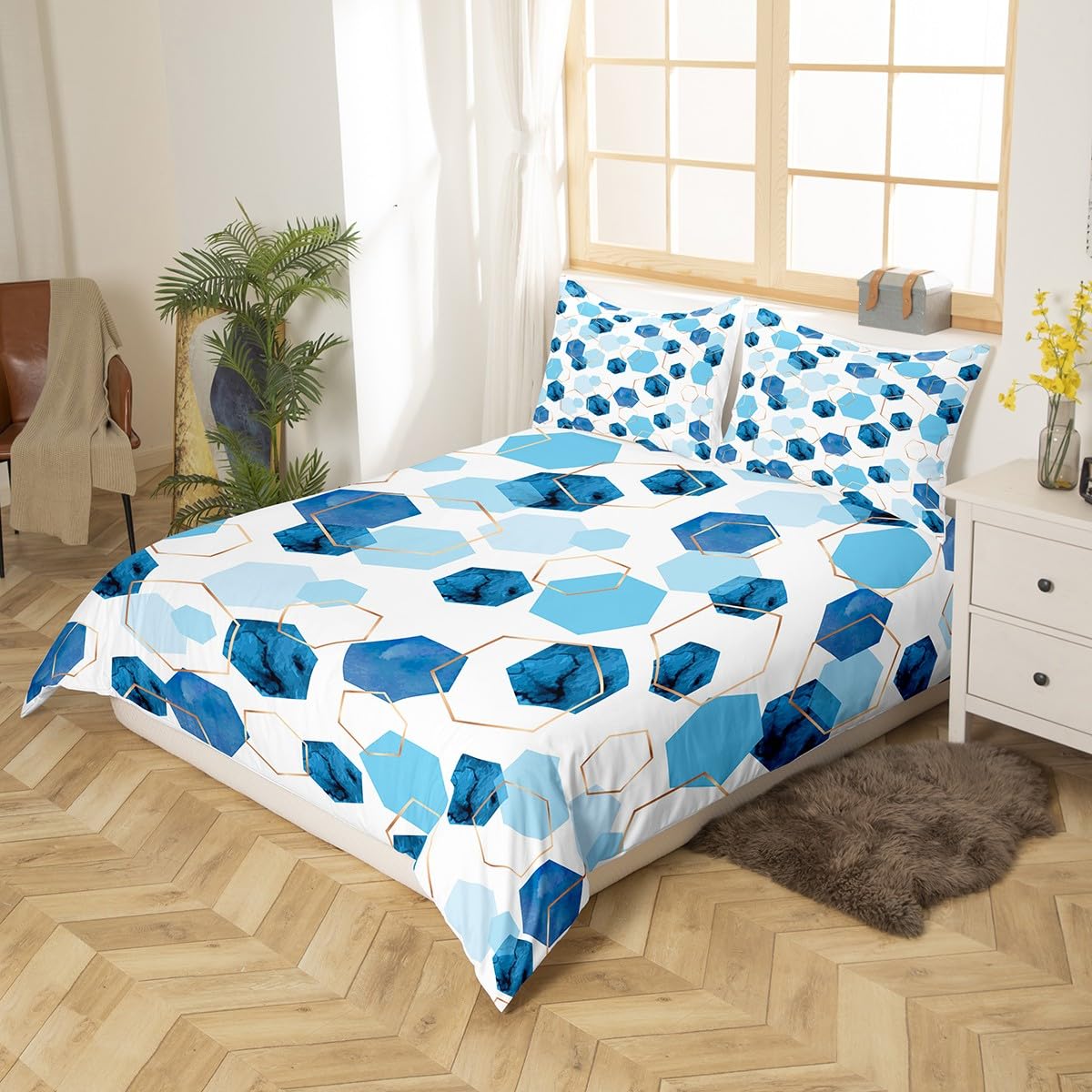 Erosebridal Hexagon Bedding Sets Queen Navy Blue Comforter Cover, Watercolor Honeycomb Bed Set Abstract Tie Dye Duvet Cover, Luxury Gold Hexagon Quilt Cover Microfiber (Zipper Closure)