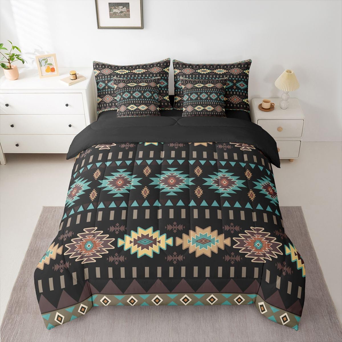 Erosebridal Aztec 7 Piece Bedding Set Queen Geometric Comforter Set with Sheets Rustic Boho Mysterious Tribal Retro Bed in a Bag Black Teal Southwestern Simple for Teens Men Women