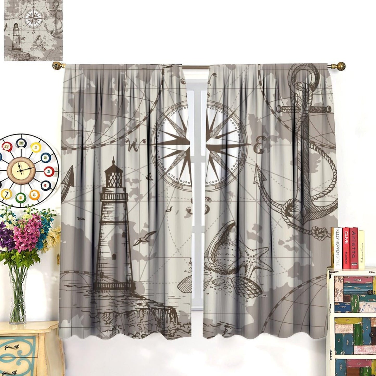 XBDDZSW Nautical Sailboat Map Curtains Sketch Pirate Ship Wheel Compass Starfish Coral Reef Nautical Map Pattern Print Window Drapes for Bedroom Living Room Kitchen Decor,2 Panel Set,42x45 Inch Decor