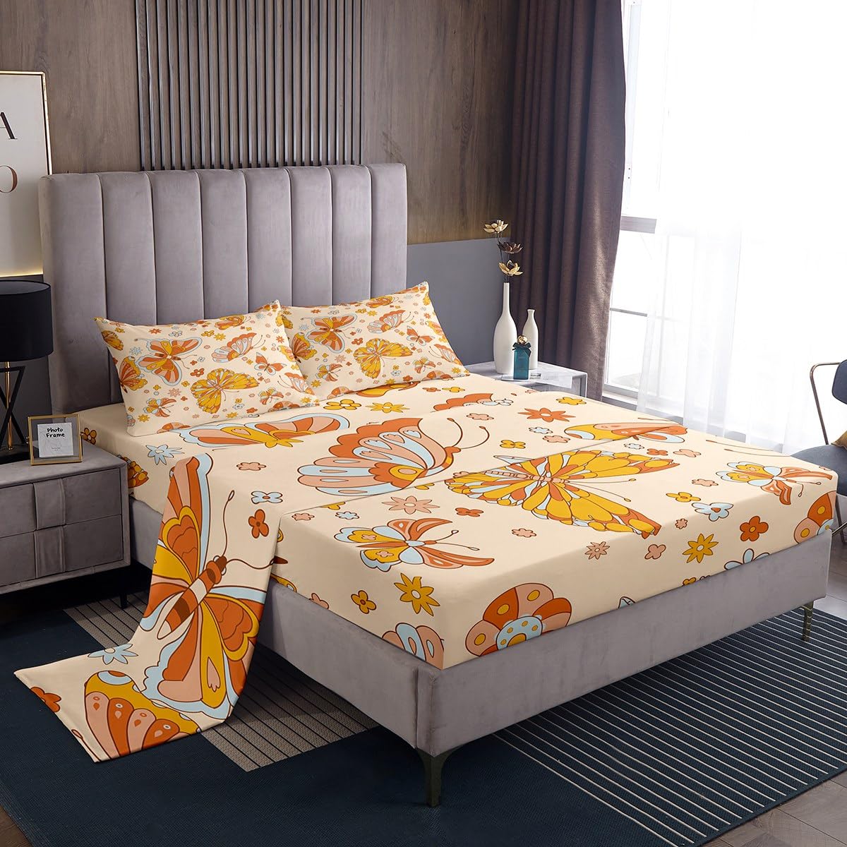Retro 70S 60S Floral Hippie Bed Sheets Full For Kids Girls Cute Groovy Butterfly Flower Bedding Set Boho Natural Flowers Sheet Set Rainbow Garden Botanical Fitted Sheet + Flat Sheet + 2 Pillow Cases