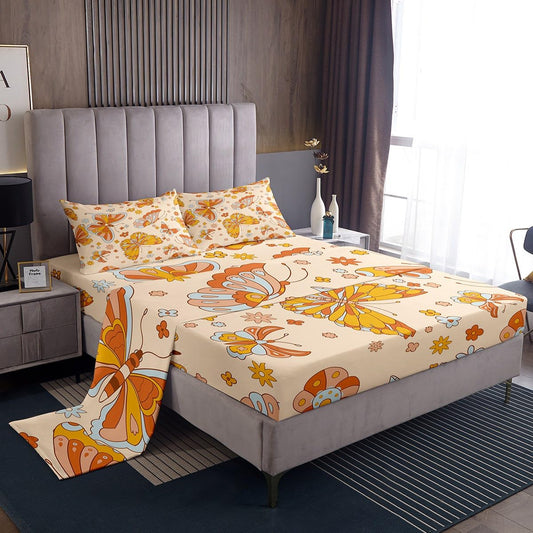 Retro 70S 60S Floral Hippie Bed Sheets Full For Kids Girls Cute Groovy Butterfly Flower Bedding Set Boho Natural Flowers Sheet Set Rainbow Garden Botanical Fitted Sheet + Flat Sheet + 2 Pillow Cases