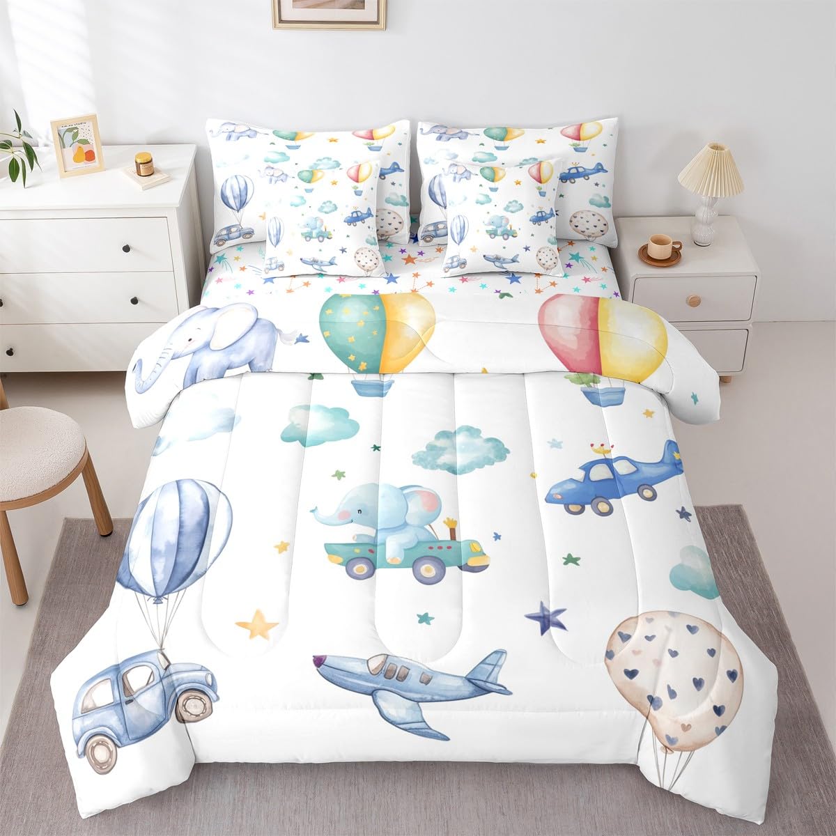 Erosebridal Colorful Hot Air Balloon Twin 7 Pcs Bedding Set, Cute Airplane Aircraft Comforter Set with Sheets for Boys Kids Adults Girls, Cartoon Car Lovely Heart Bed in A Bag, Star Print Bed Sets