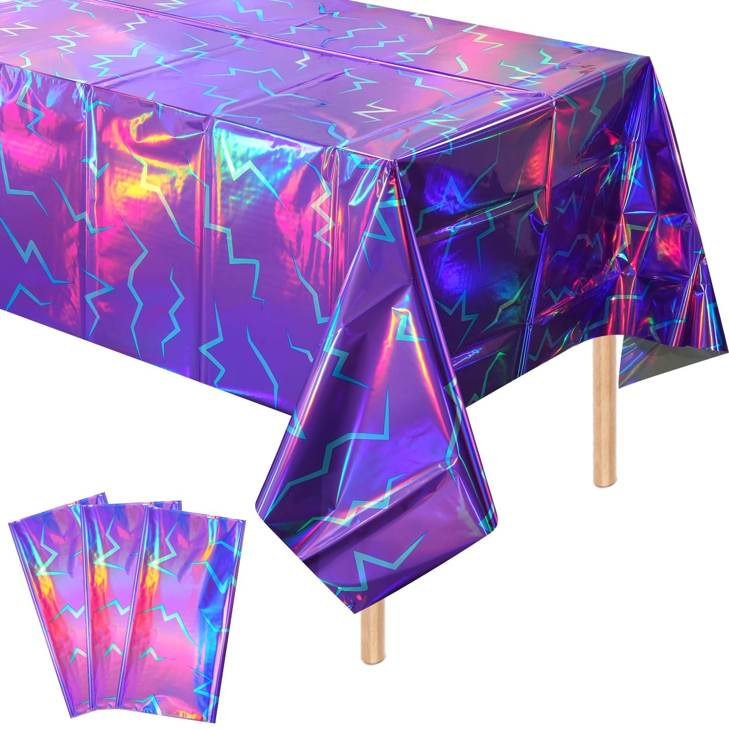 3 Pack Iridescent Purple and Blue Kpop Plastic Tablecloth 54x108 Inch, Holographic Laser Disposable Table Cover, Rectangle Purple and Blue Table Cloth for Kpop Halloween Birthday Party Decorations