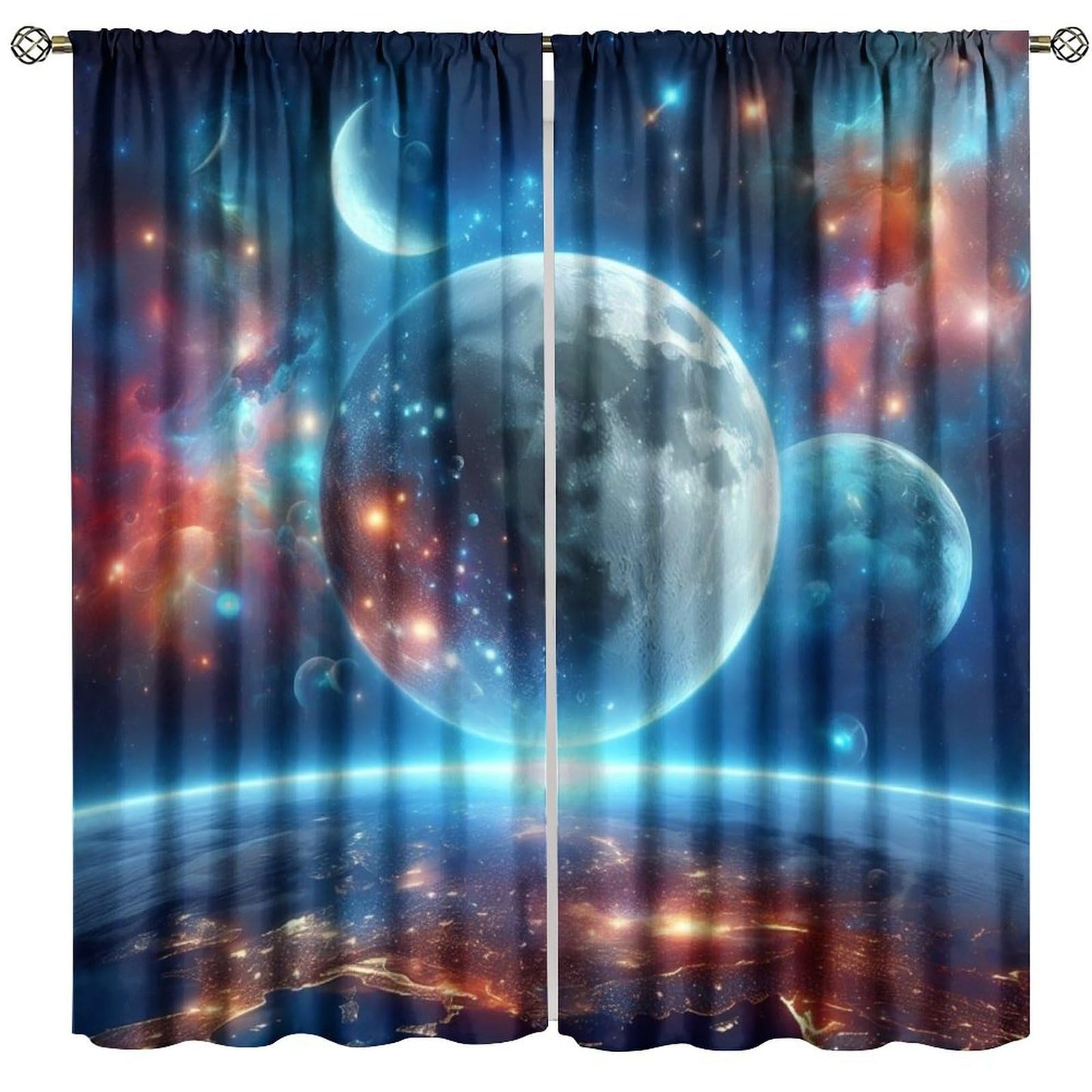 FAOTELY Galaxy Planet Curtains Earth Moon Outer Space Universe Nebula Stars Starry Sky Kids Blackout Window Drapes for Bedroom Living Room Kitchen Cafe Decor （W21xL45 Inch） x2 Panels
