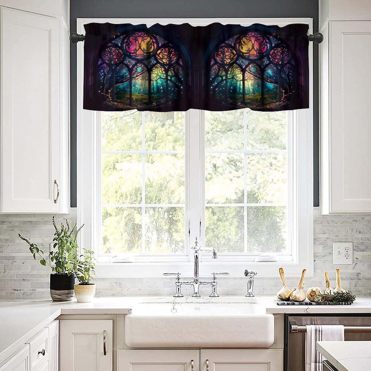 Fantasy Castle Blackout Window Valance Curtain, Arched Door Through Fairy Tale Forest, Colourful Stained Windows Circle Scenery for Home Kitchen Restaurant Decoration Window Valance 1 Panel 54x18inch