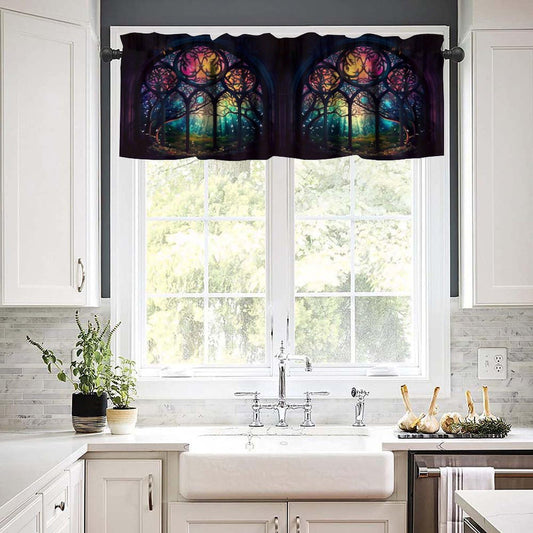 Fantasy Castle Blackout Window Valance Curtain, Arched Door Through Fairy Tale Forest, Colourful Stained Windows Circle Scenery for Home Kitchen Restaurant Decoration Window Valance 1 Panel 54x18inch