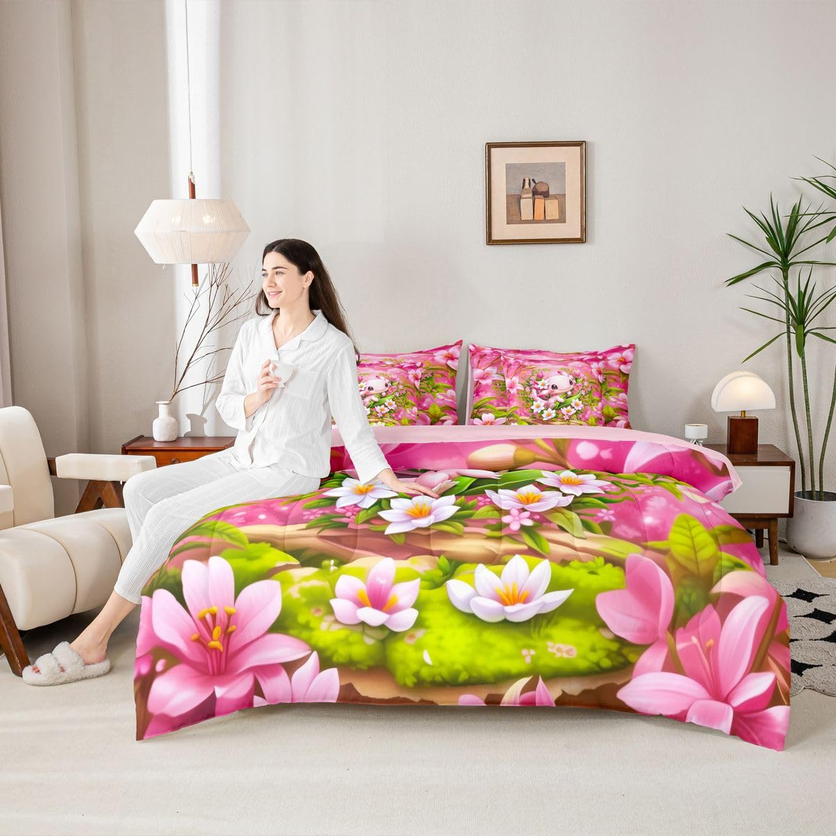 Erosebridal Romantic Axolotl Twin Size Bedding Set for Kids Girls Teens Pink Floral Axolotl 7 Pieces Comforter Set with Sheets Girly Cute Cartoon Animal Bed in a Bag Garden Botanical Flowers Bed Sets