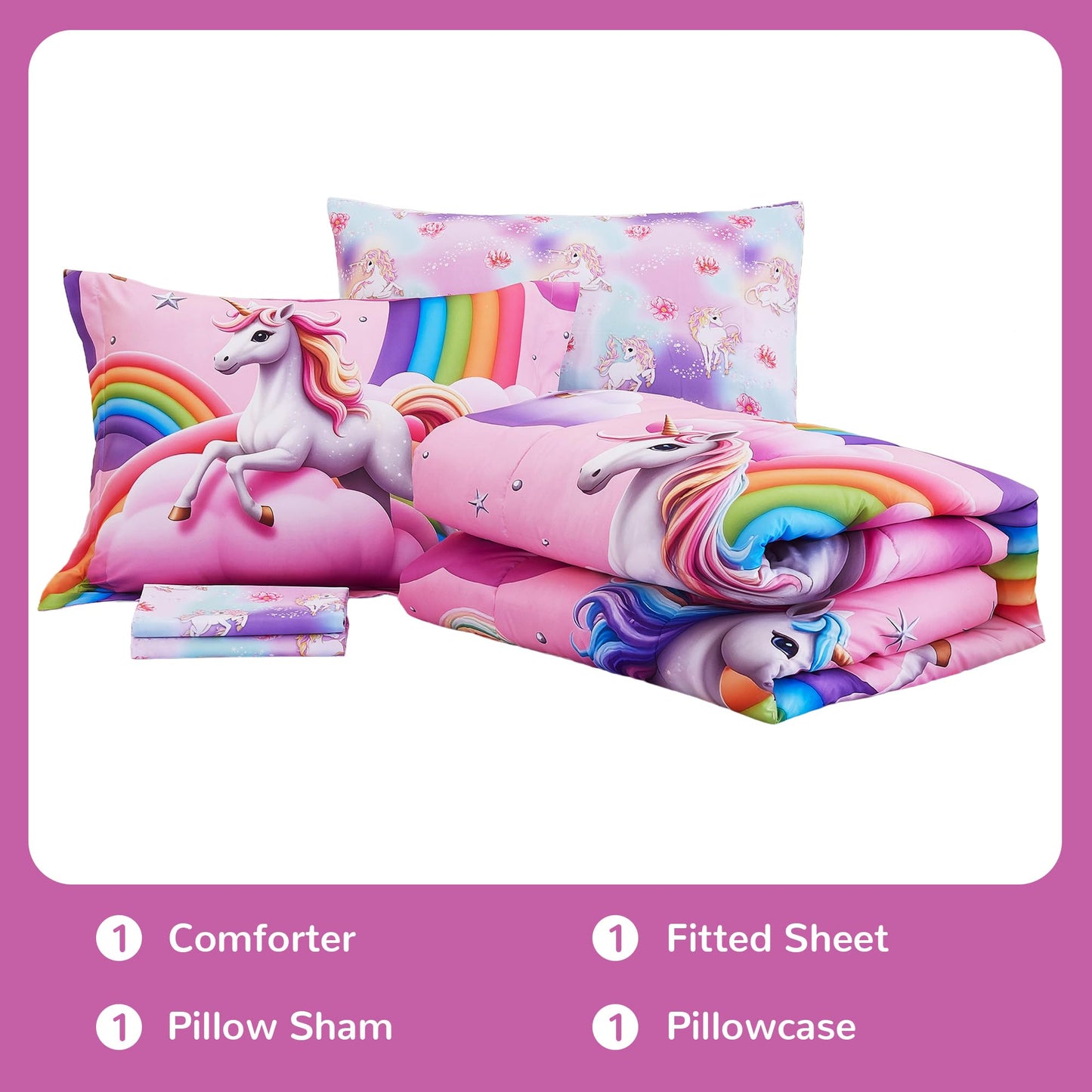 Viviland Kids Twin Bedding Sets for Girls, Soft Twin Comforter Set with Sheets, 5 Pieces Microfiber Bed in a Bag, White Unicorn Pink Cloud Rainbow