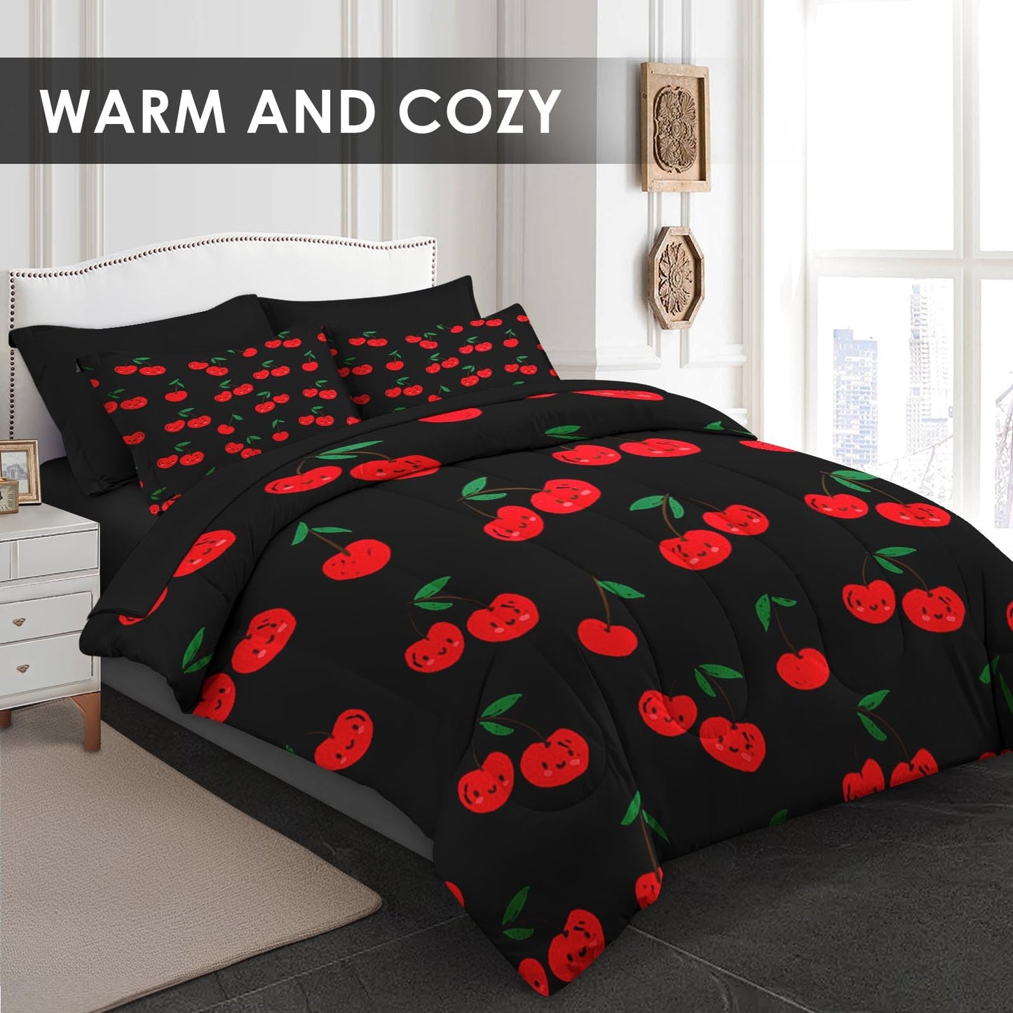 Pamnest Comforter Set King Size, Cute Cartoon Cherry 7 Pcs Bedding for Kids and Adults, Red Sweet Fruit Bed Sheet Sets with Fitted Sheet 2 Pillowcases & 2 Shams for Bedroom Bed Decor