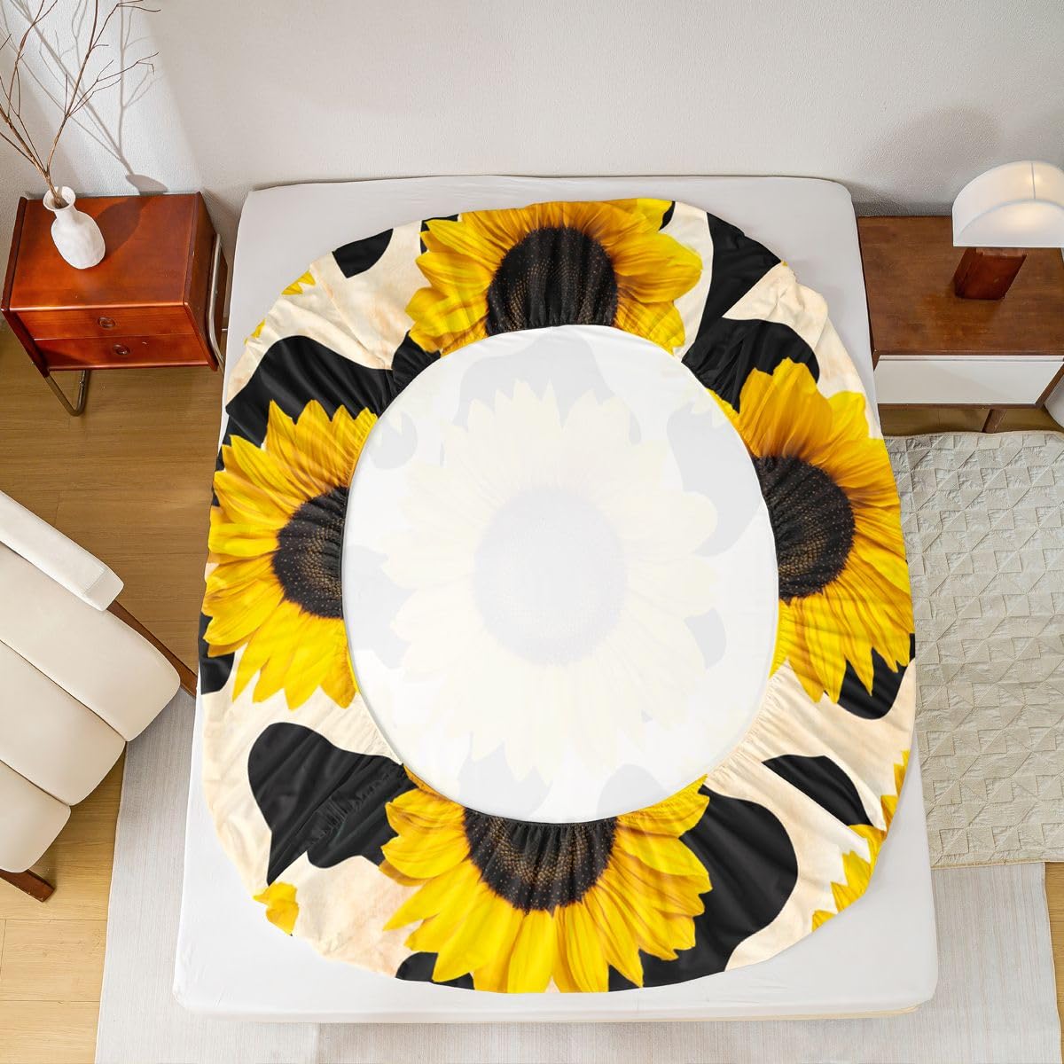 Sunflower Fitted Sheet for Kids Girls Boys Black White Milk Cow Print Bedding Sets Spring Summer Floral Fitted Bed Sheets Highland Cow Farm Theme Sunflower Bedding Twin Size,No Flat/Top Sheet