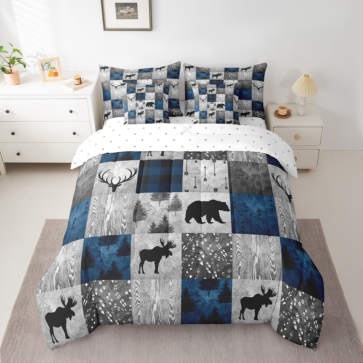 Erosebridal 7 Pcs Hunting Animal Comforter Set Twin Size,Rustic Bear Deer Bed in a Bag with Flat Fitted Sheet for Kids and Adults,Camper Plaid Check Bedding Set with Pillowcases and Cushion Cases