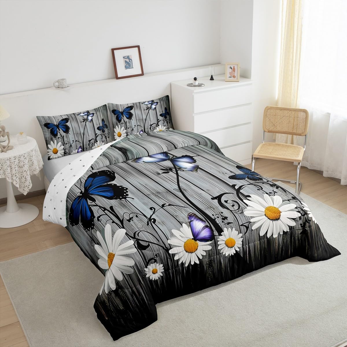 Erosebridal Daisy Comforter Set, Rustic Flower Duvet Sets for Kids Boys Teens Adult, Butterfly Wood Bedding Set Farmhouse Country Daisy Bedding Comforters 3Pcs with 2 Pillow Cases, Queen Size