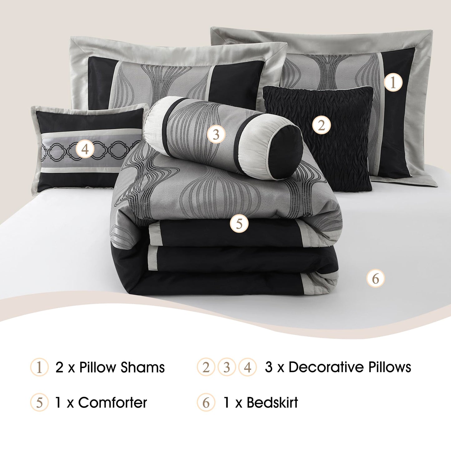 Stratford Park Elegant Black and Silver Comforter Set Queen Size, 7 Pieces Bedding & Collection, Jacquard All Season Comforter & Pillows, Ultra-Soft Microfiber