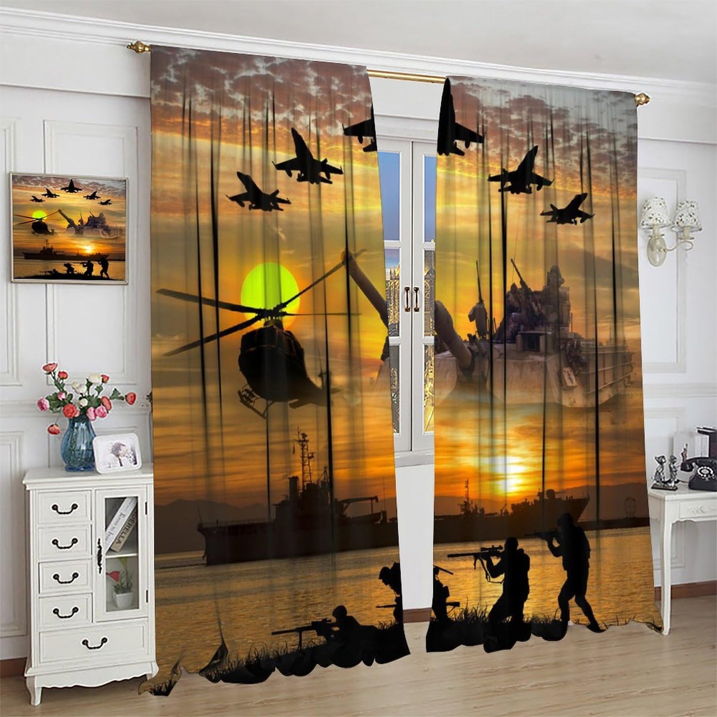 FBMLBRB Brebasf Cool American Soldier Theme Blackout Curtains for Bedroom,Rustic Teen Room Decor Fighter Aircraft Print Room Darkening Window Curtains with Rod Pocket - 2 Panels 45" L x 21" W