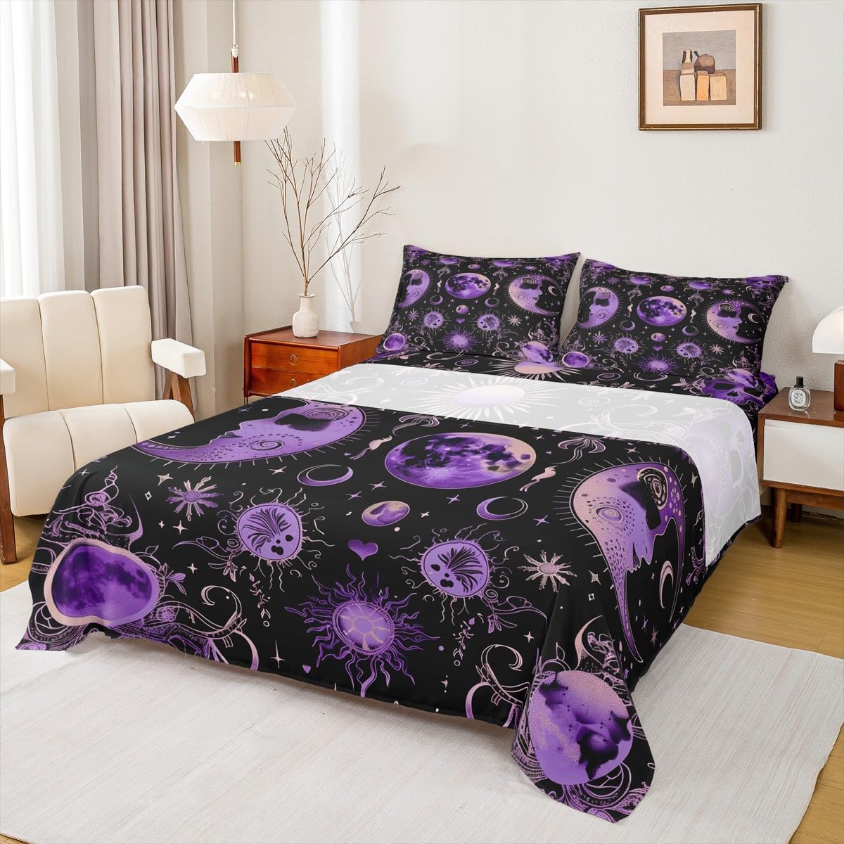jejeloiu Kids Halloween Decor Bed Sheets Set Twin Size Purple Eclipse of The Sun Bed Set Sun and Moon Deep Pocket Fitted Sheet Astronomy Breathable Soft Lightweight Microfiber