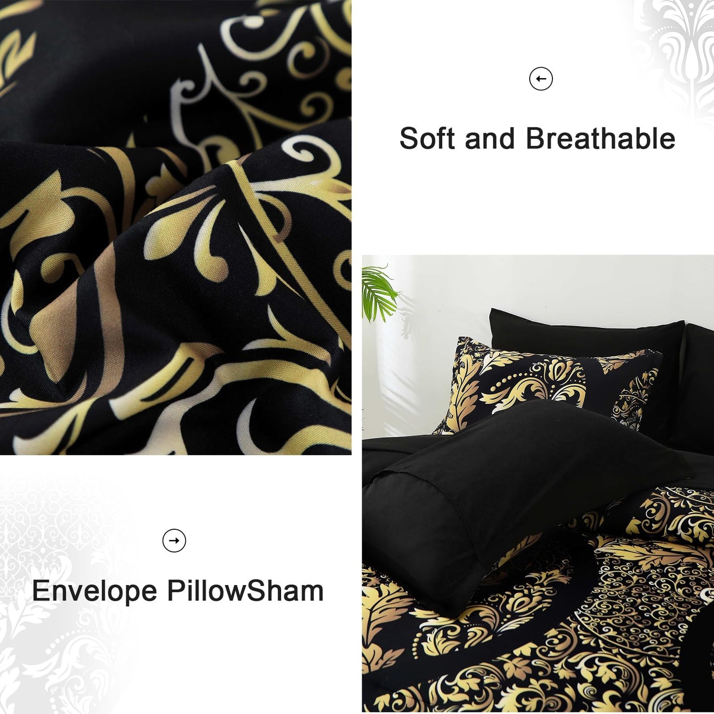 Anibedding Black Gold Comforter Set King Size, 7 Pieces Bohemian Damask Comforter Set Soft Lightweight Microfiber Bedding Set for All Season (104"x90")