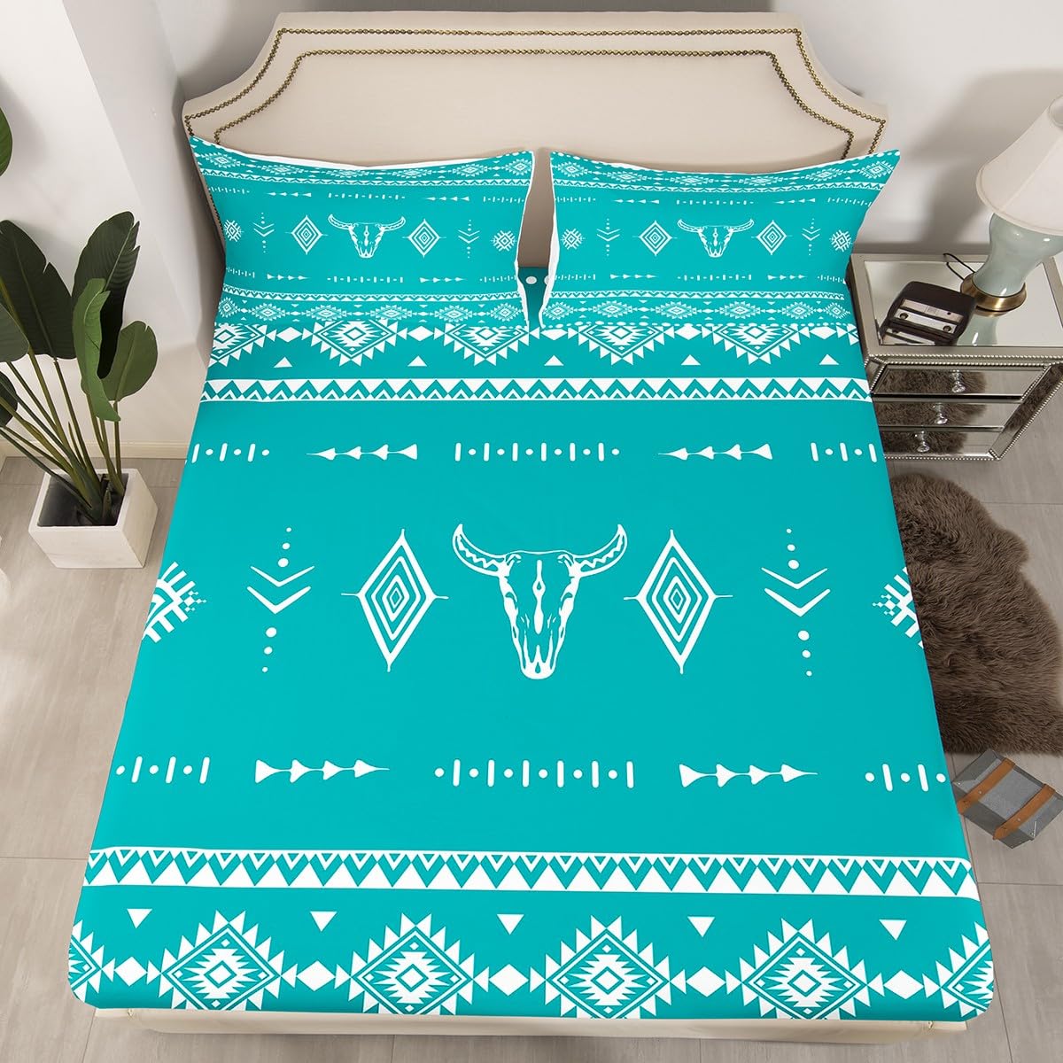 Erosebridal Bull Skull Full Size Bed Sheets Set, Western Cowboy Flat Fitted Sheet for Boys Girls Men Women Room Decor, Southwestern Native Bedding Set, Boho Aztec Ethnic Horns Bed Sets