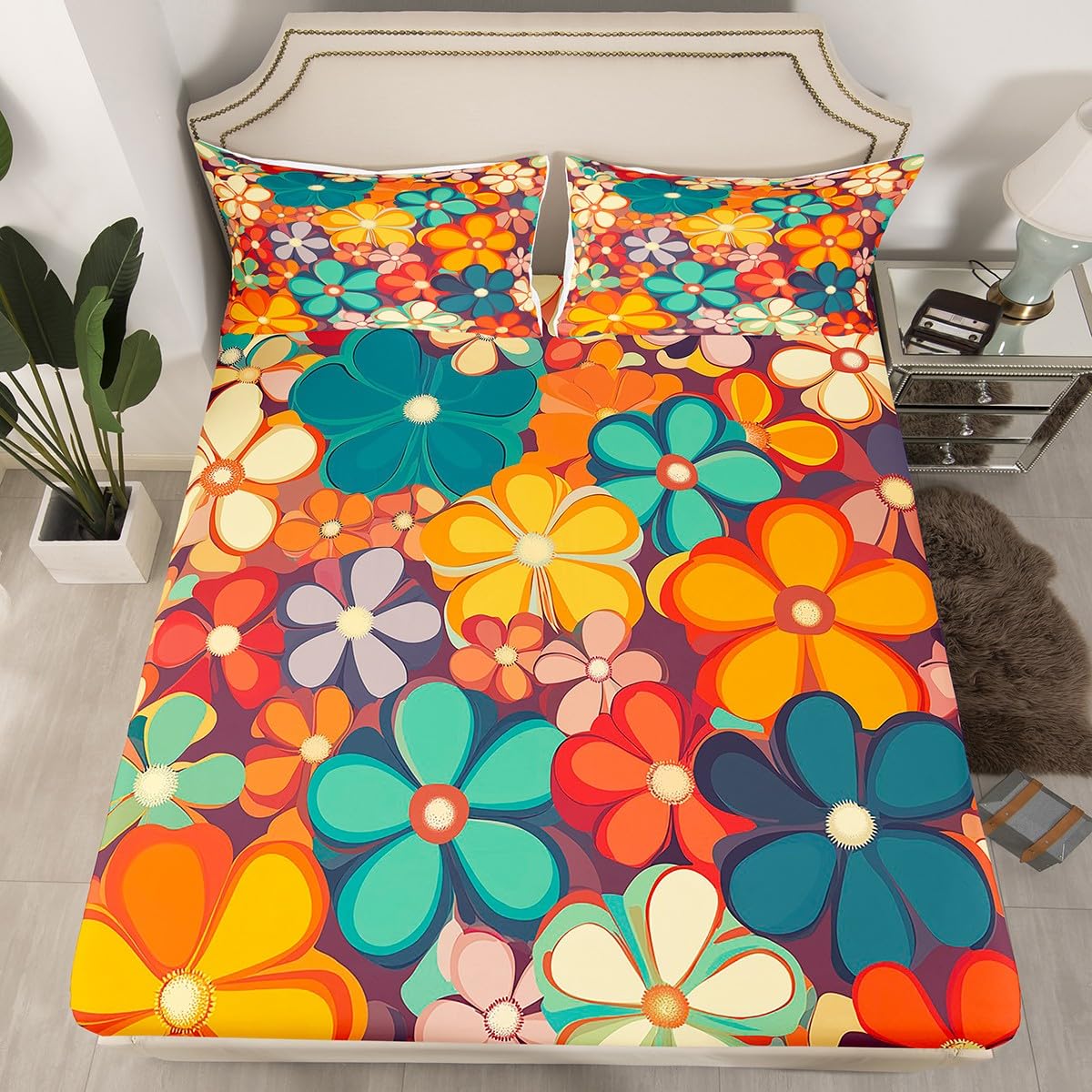 Erosebridal Groovy Flower Queen Sheets 70s Party Sheet & Pillowcase Sets Rainbow Floral Bed Sheets Boho Hippie Sheet Set Vintage Retro Party Top Sheet for Girl Woman Microfiber 4pcs…