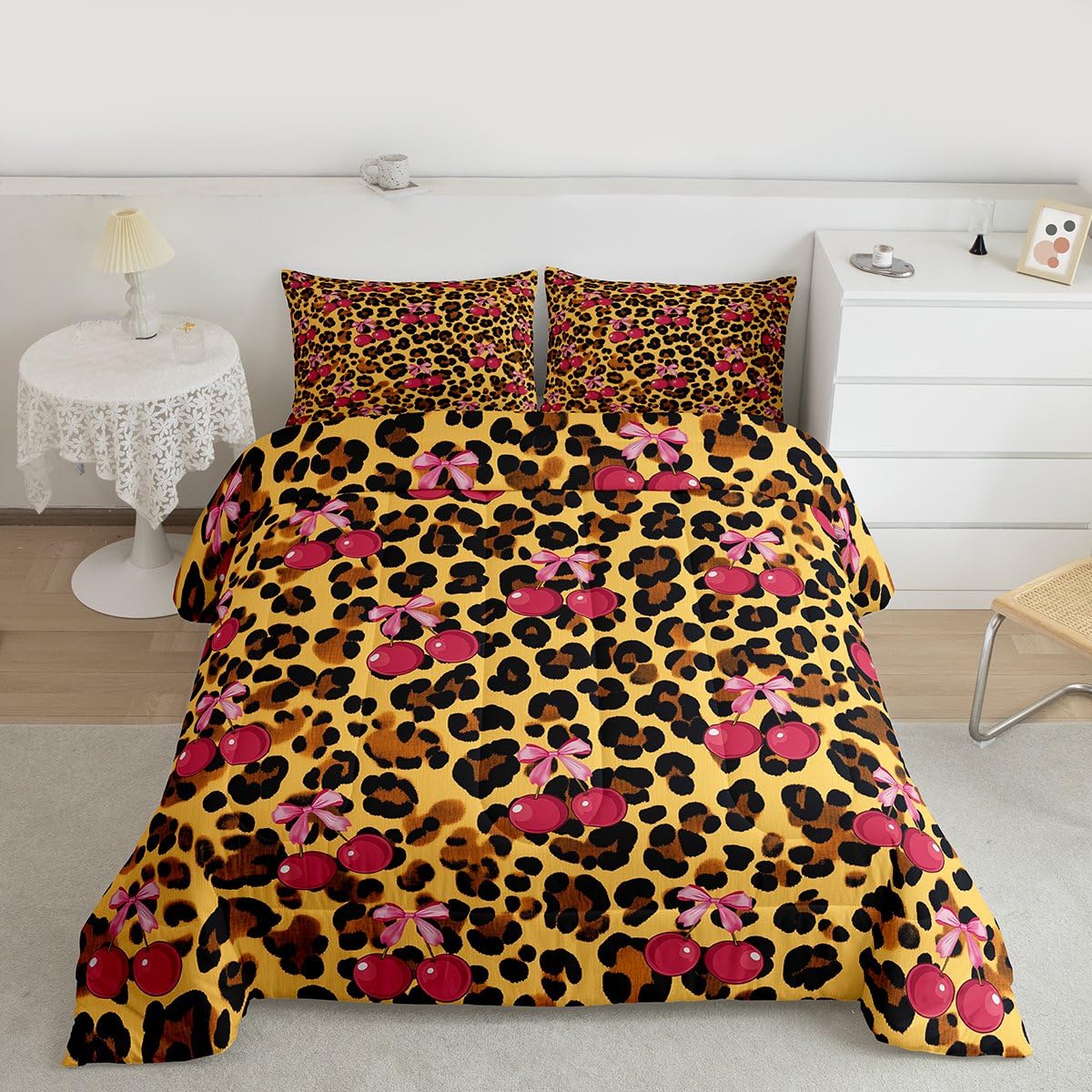 Erosebridal Pink Cherry Bow Comforter Set Leopard Print Full Size Bedding Sets | Cute Ribbon Bowknot Comforter Modern Cheetah Print Bed Set