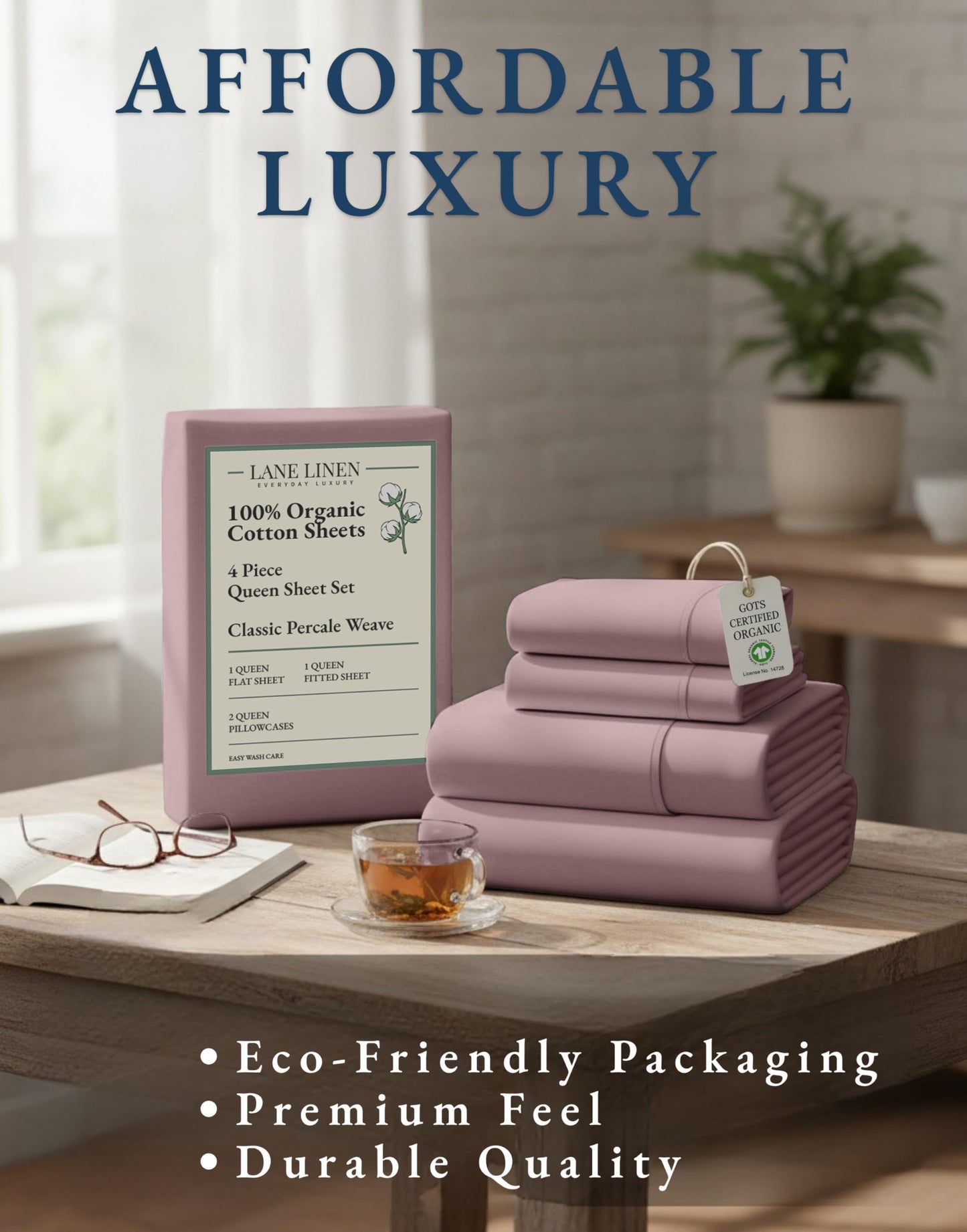 LANE LINEN Cotton Percale Sheets Queen 100% Organic Cotton GOTS Certified Percale Weave Deep Pocket 4 Piece Soft Breathable Cooling Lightweight All Season Machine Washable Crisp - Lilac
